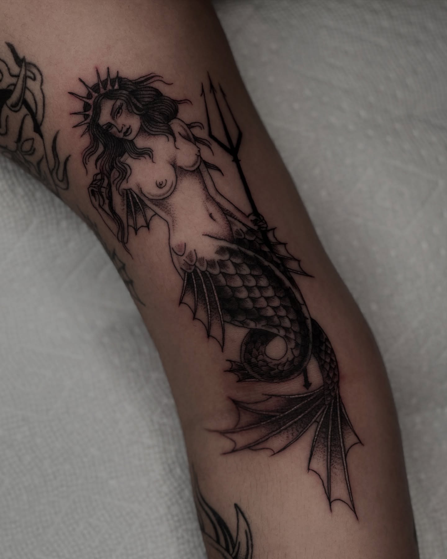Mermaid black and grey tattoo on the forearm by ππ¦π βπ¬π²π«π±π°