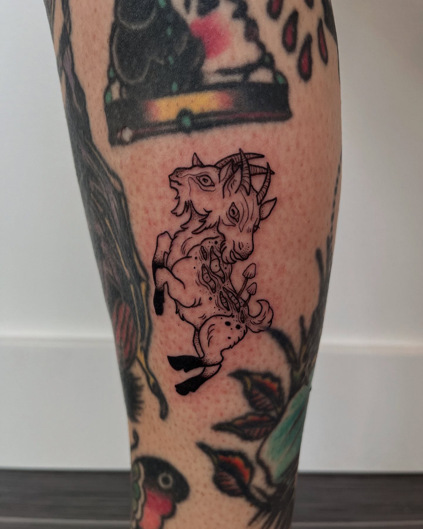 Goat American traditional tattoo on the forearm by Peach ๐, Portland, Oregon