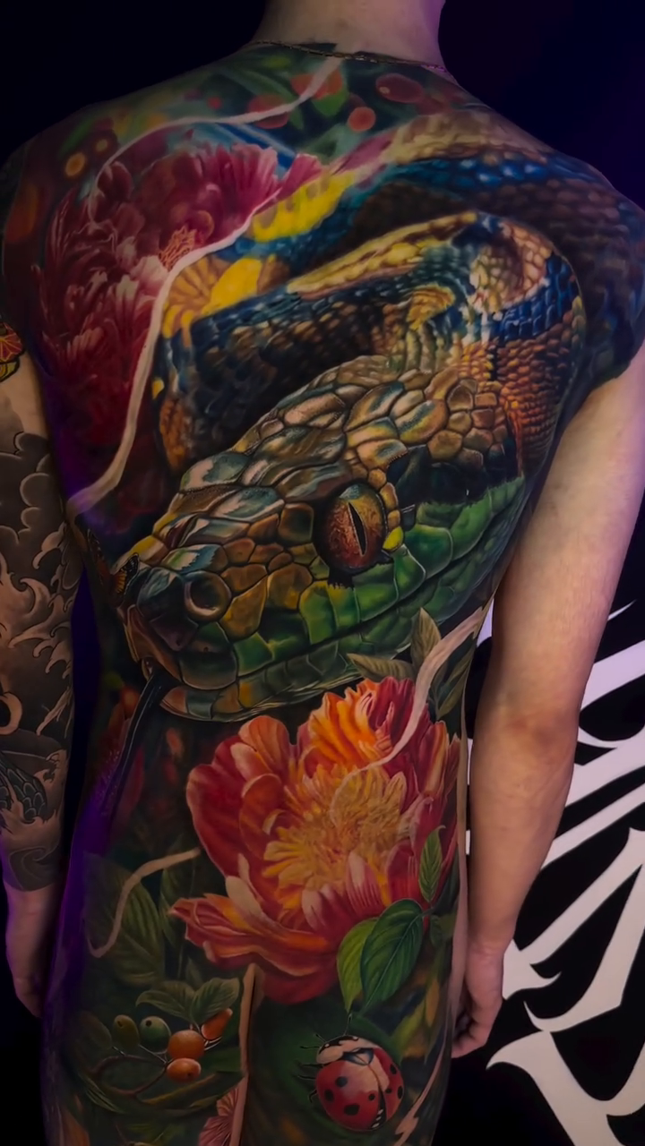 Snake and flowers japanese irezumi tattoo by Hiroto Nguyen, Perth, Western Australia