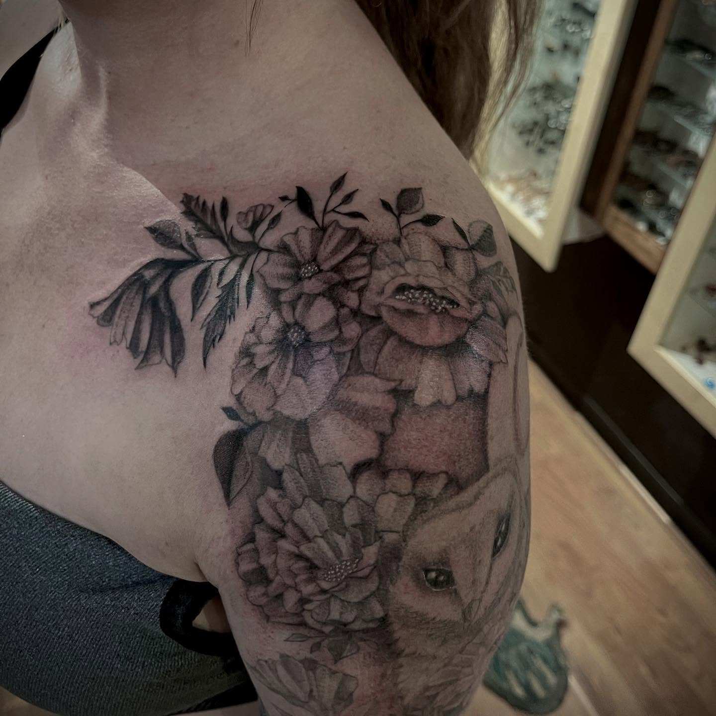 Floral bouquet realism tattoo on the shoulder by Ashly Hutchens, Richmond, Virginia