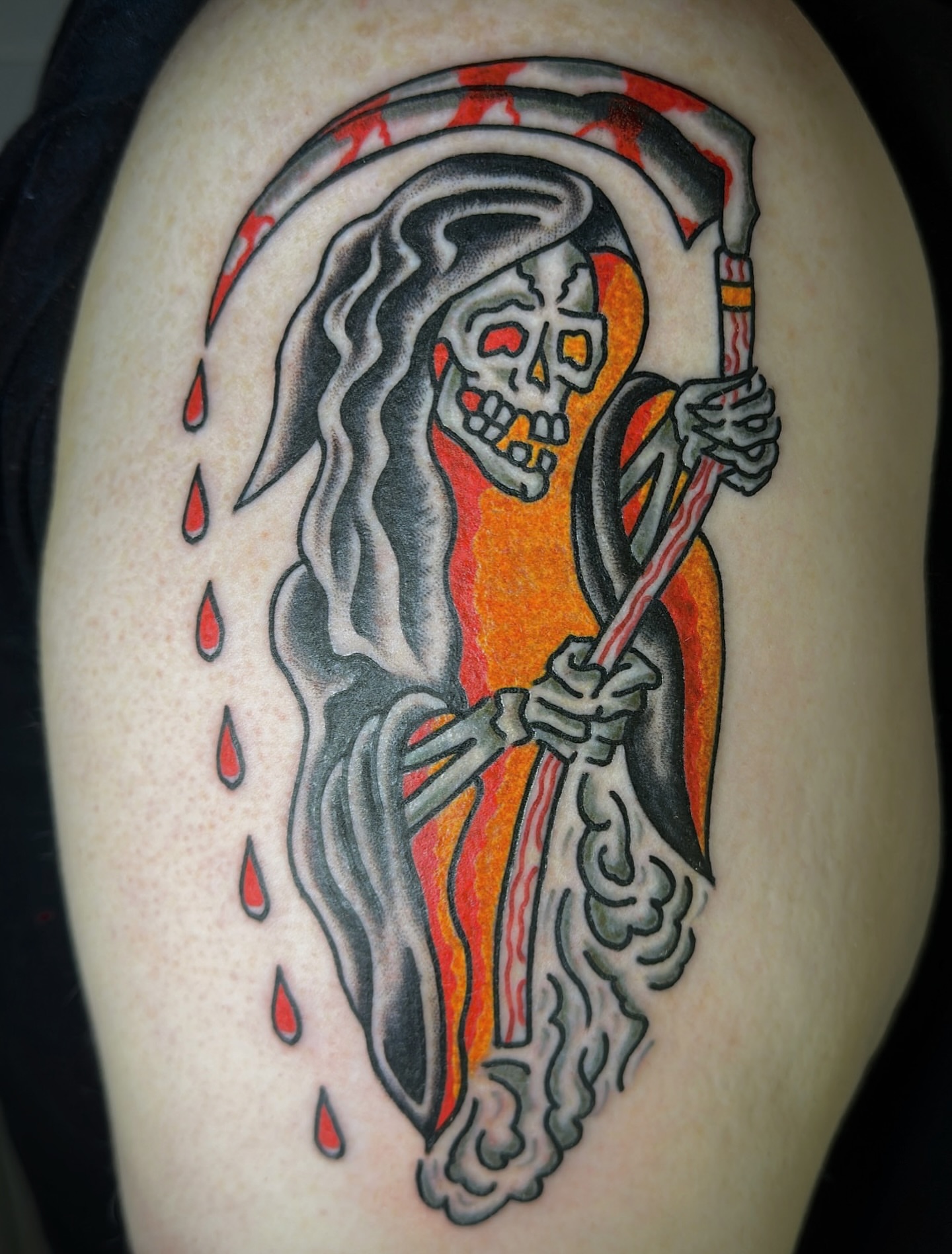 Grim reaper American traditional tattoo on the shoulder by Kyle O’Hara ॐ, Nashville, Tennessee