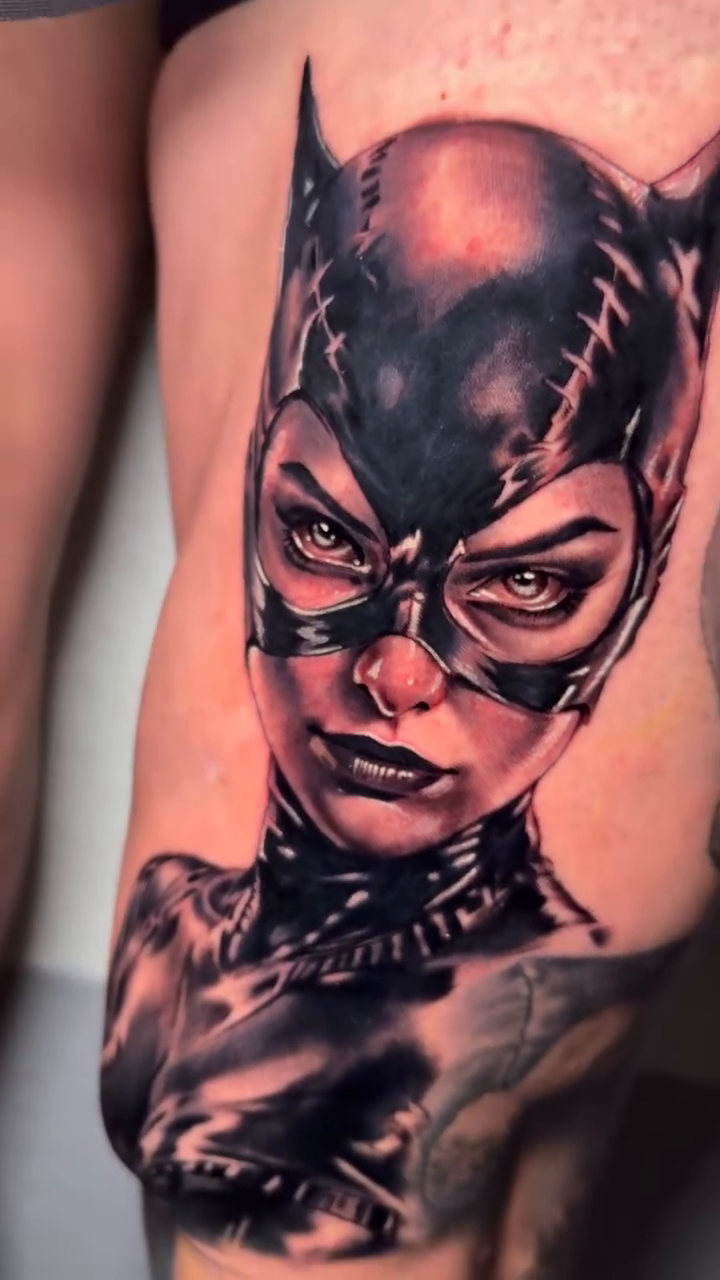 Catwoman portrait realism tattoo by Ian Vanderwerff