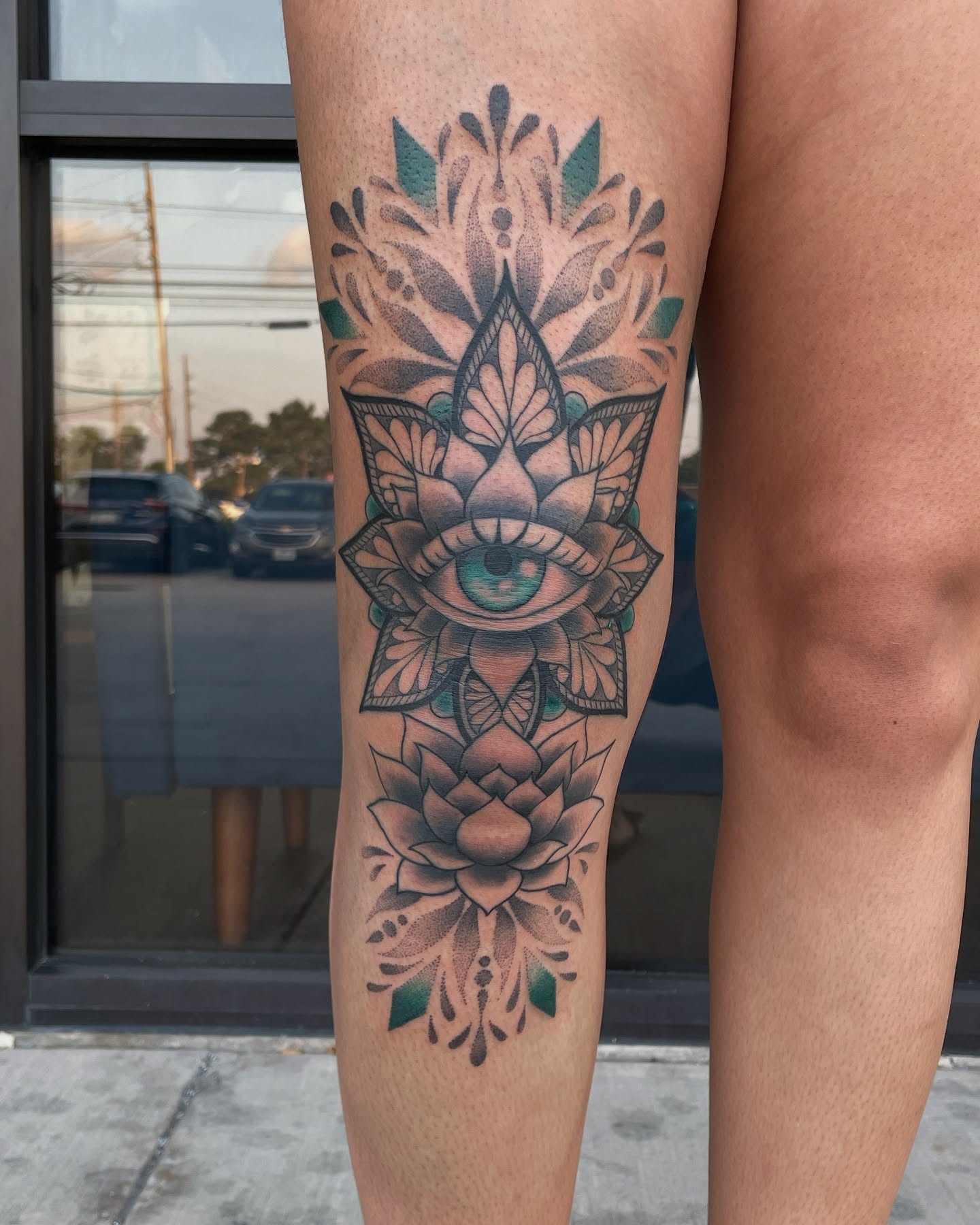 Eye and lotus dotwork tattoo on the calf by Marie π Tattoos