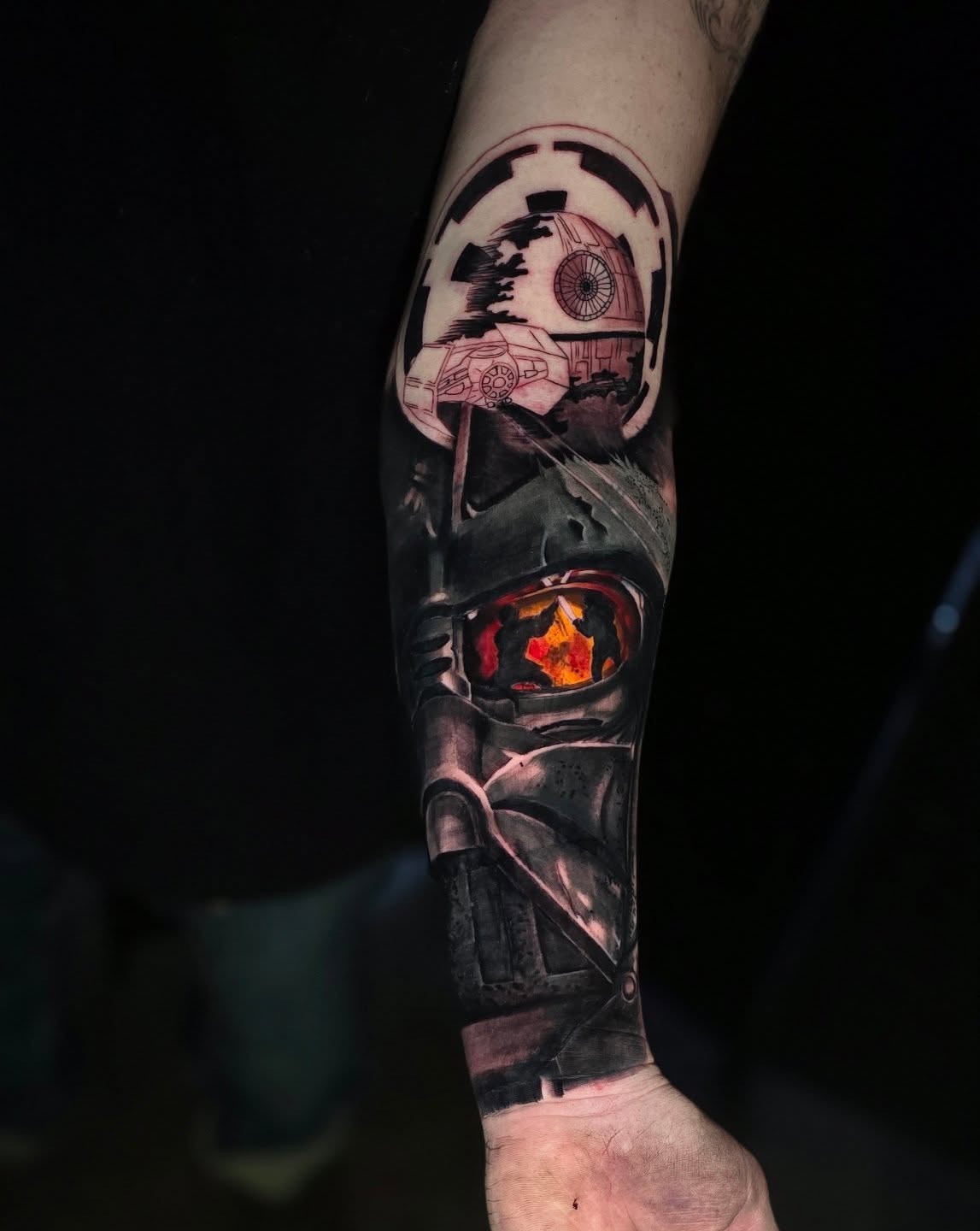 Star wars tie fighter realism tattoo on the forearm by Myth & Mercy Tattoo Co.