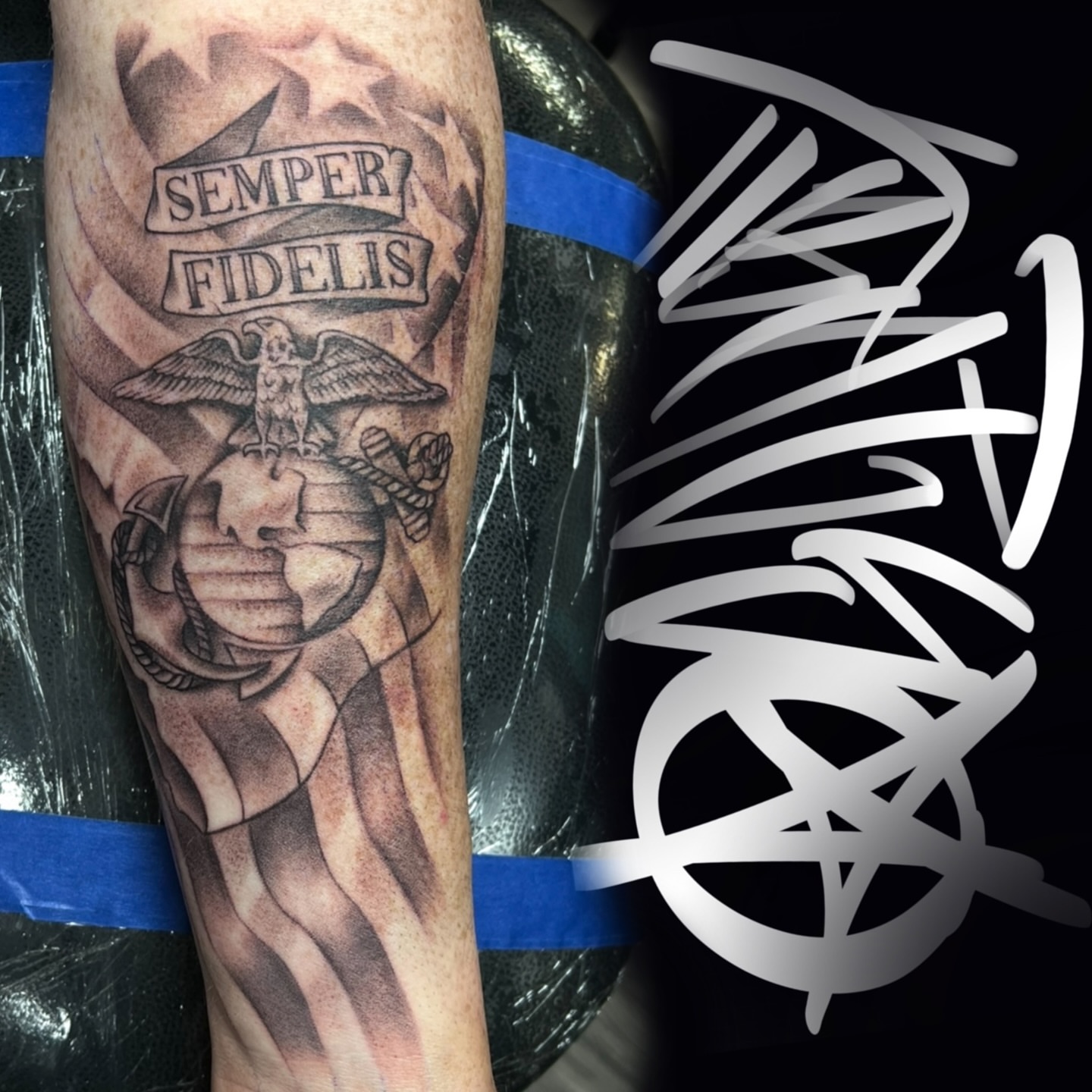 USMC emblem black and grey tattoo on the forearm by Jericho Las Vegas tattoo artist, Las Vegas, Nevada