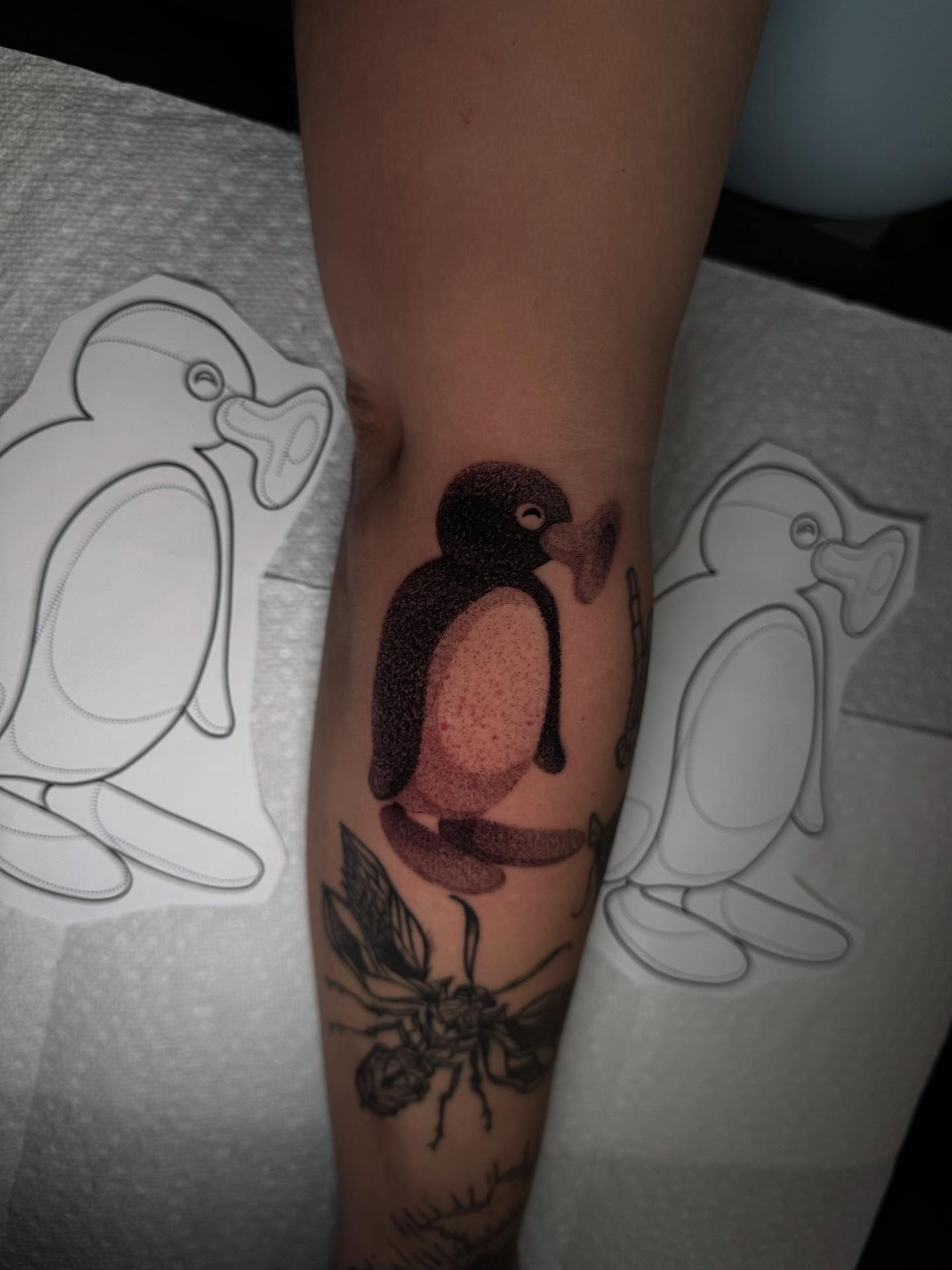 Penguin dotwork tattoo on the forearm by Anthony D. Rustik