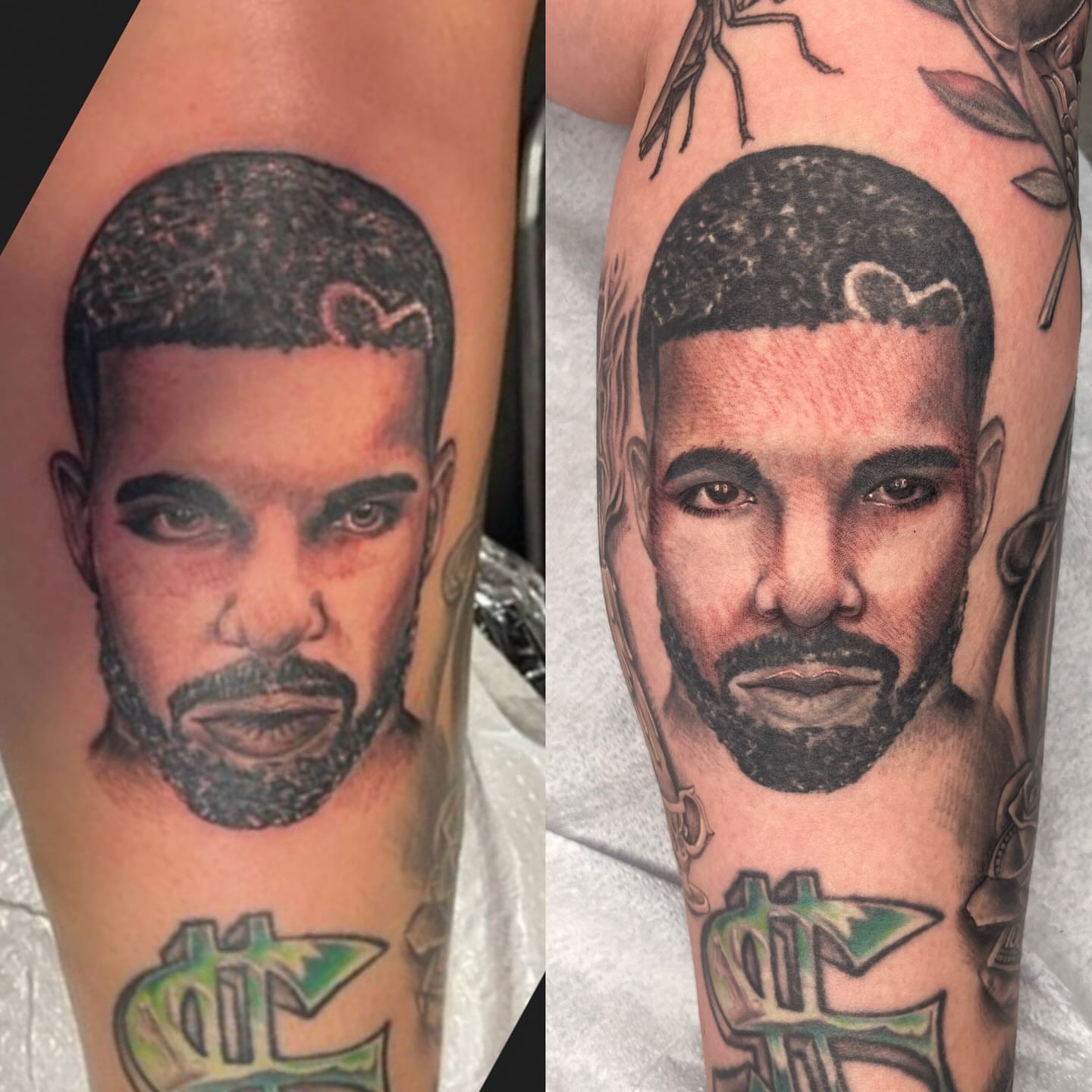 Drake portrait realism tattoo on the forearm by Kenzie Kirk