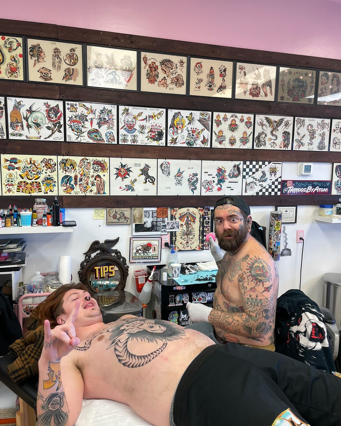 Snake and peony American traditional tattoo on the torso by Atom Aker