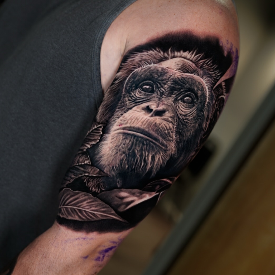 Gorilla realism tattoo on the forearm by Kasey Gonzalez, Bel Air, Maryland