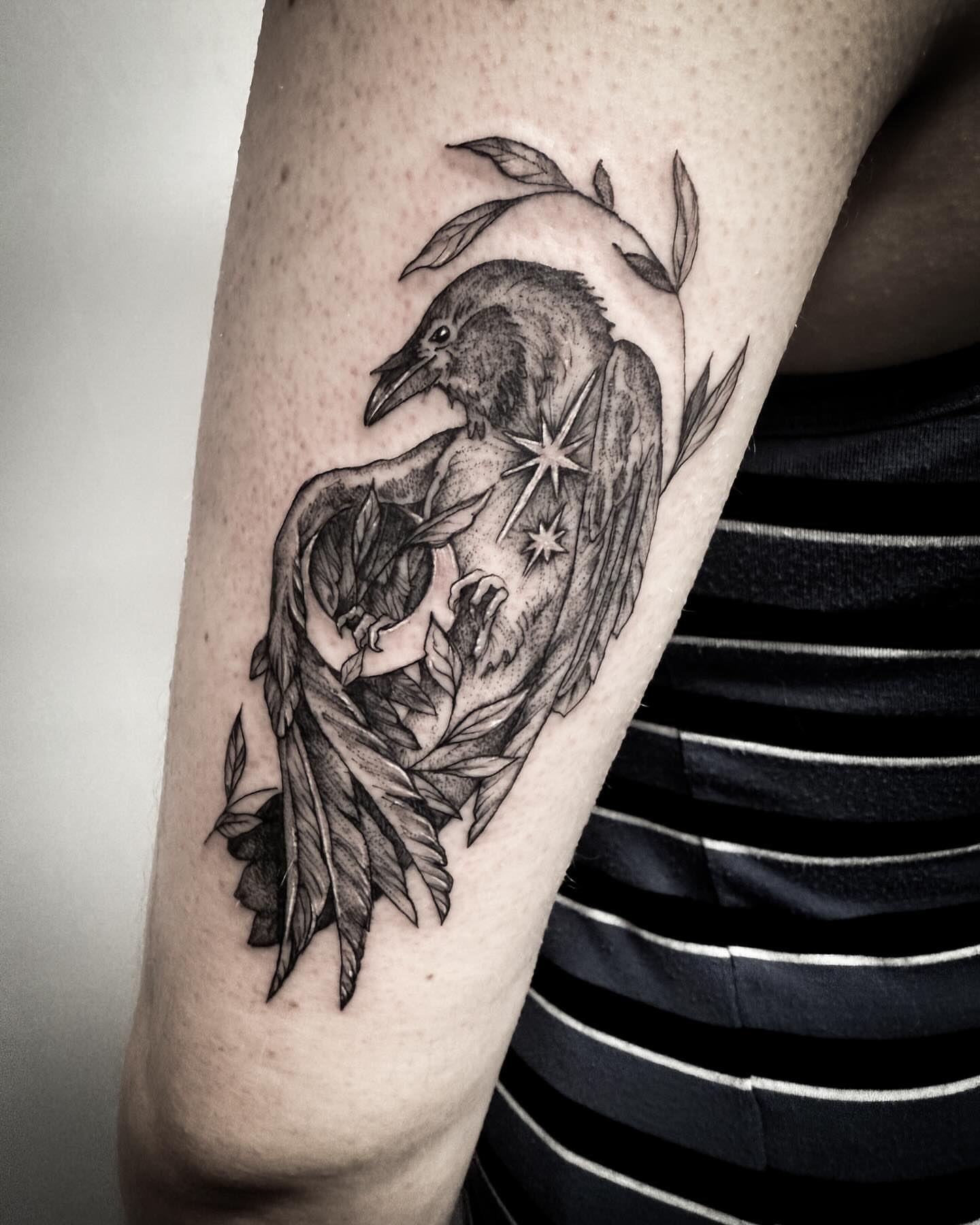 Crow realism tattoo on the forearm by Christen Wolfe CA Tattooer