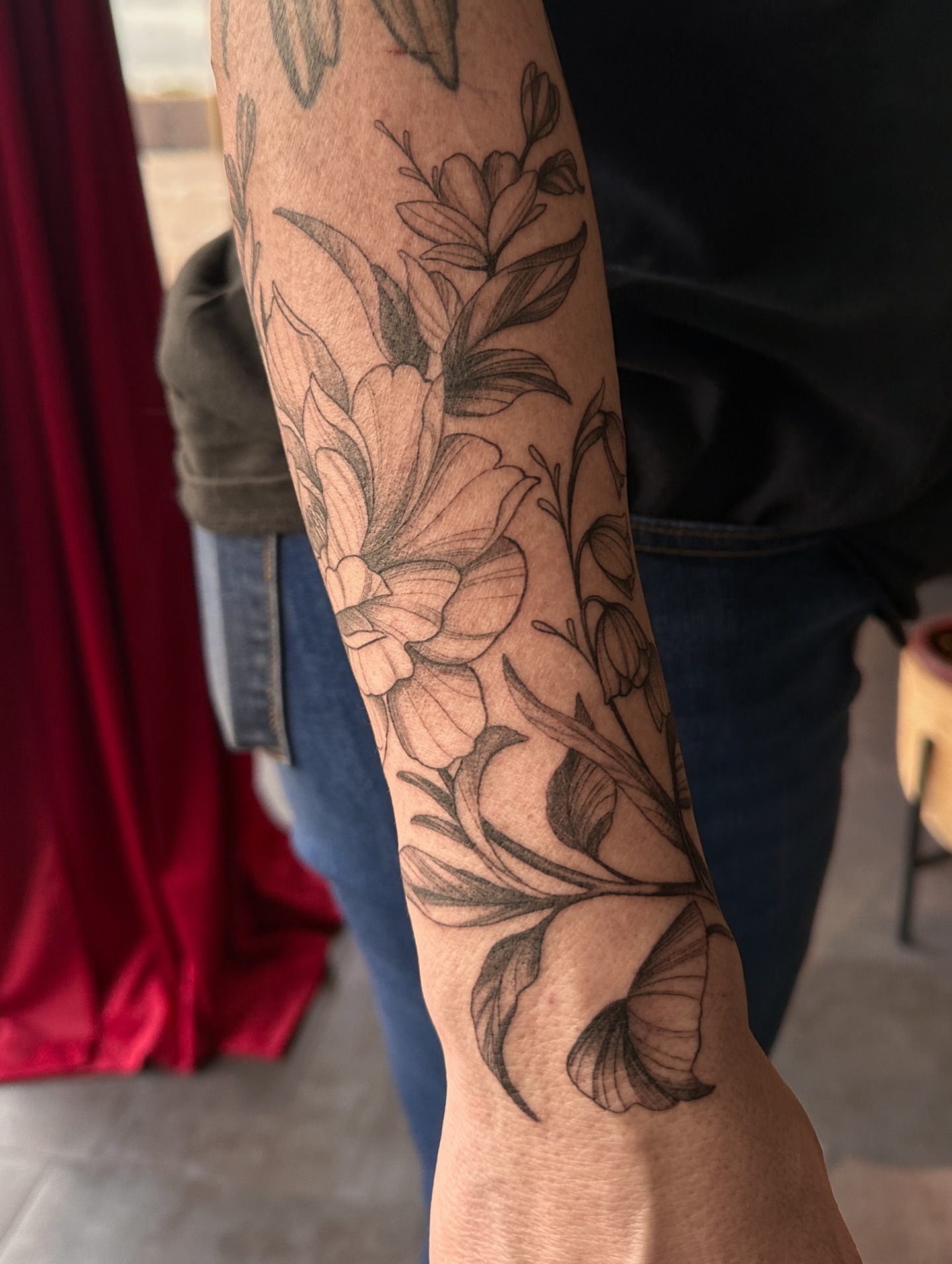 Floral bouquet black and grey tattoo on the forearm by James Hix - Tattoo Artist, Fort Worth, Texas