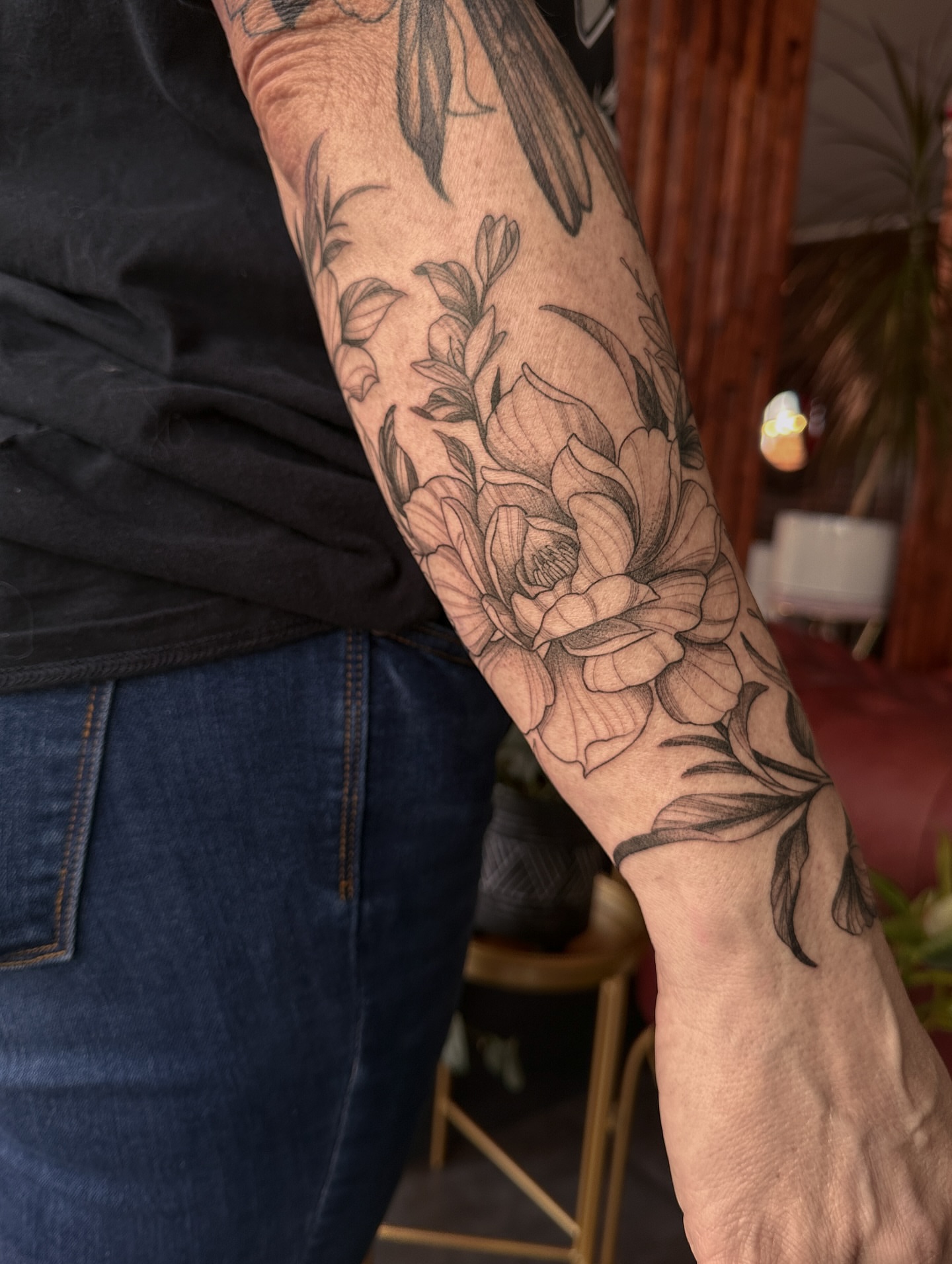 Floral bouquet black and grey tattoo on the forearm by James Hix - Tattoo Artist, Fort Worth, Texas