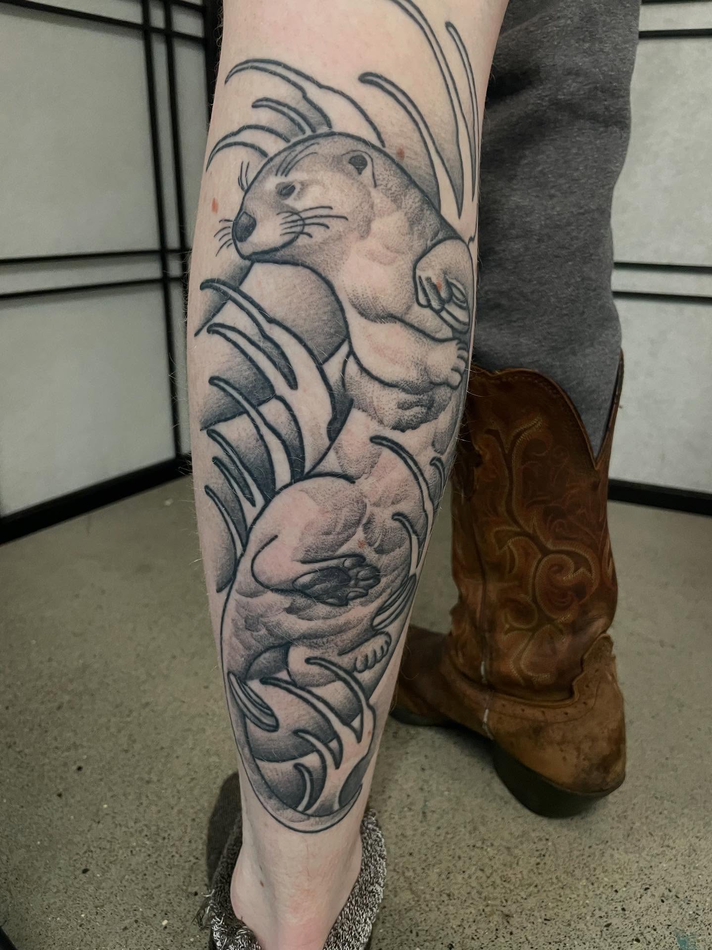 Otter black and grey tattoo on the forearm by Seattle Tattoo Artist, Bonney Lake, Washington