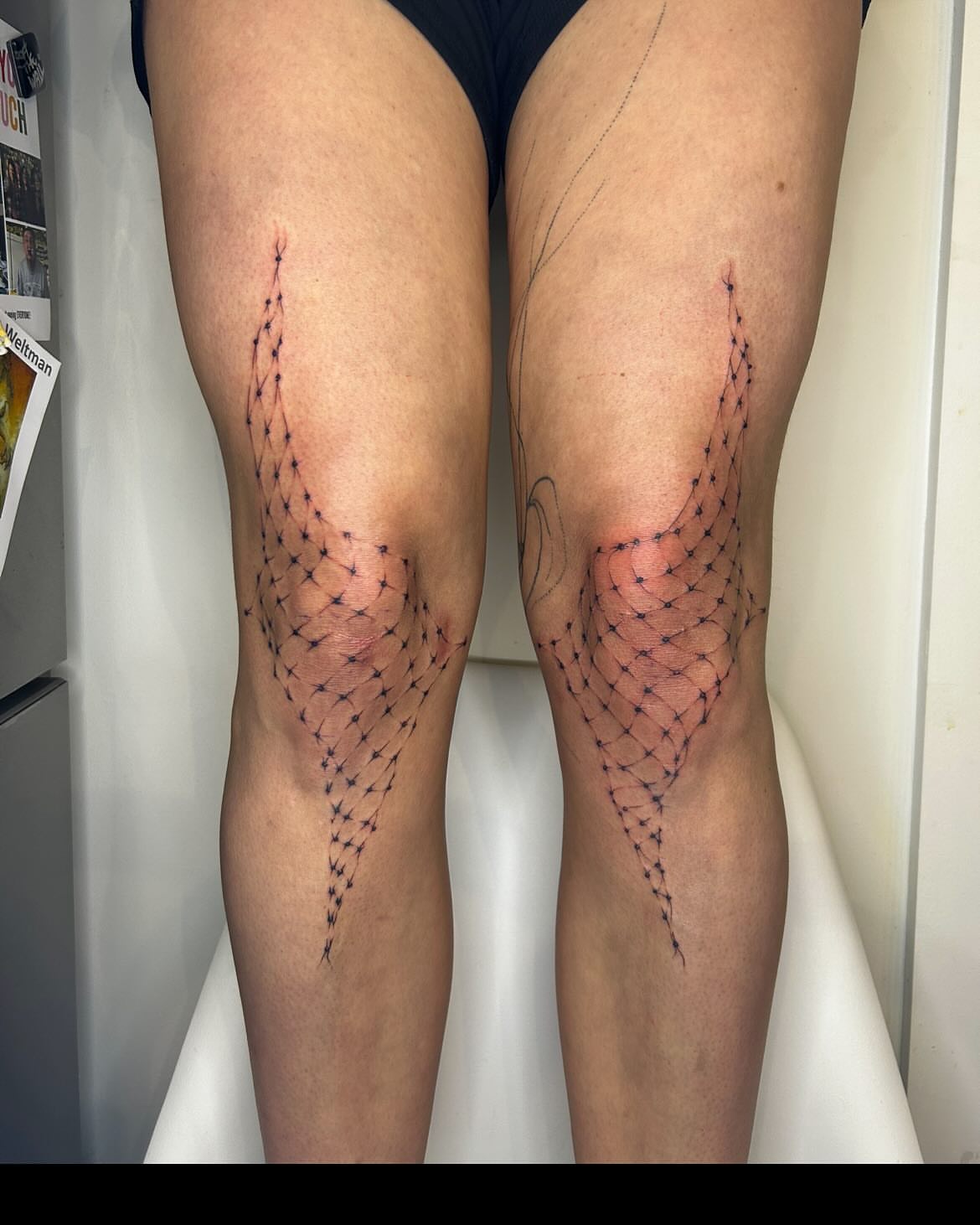 Geometric net dotwork tattoo on the leg by Jadin Nichols