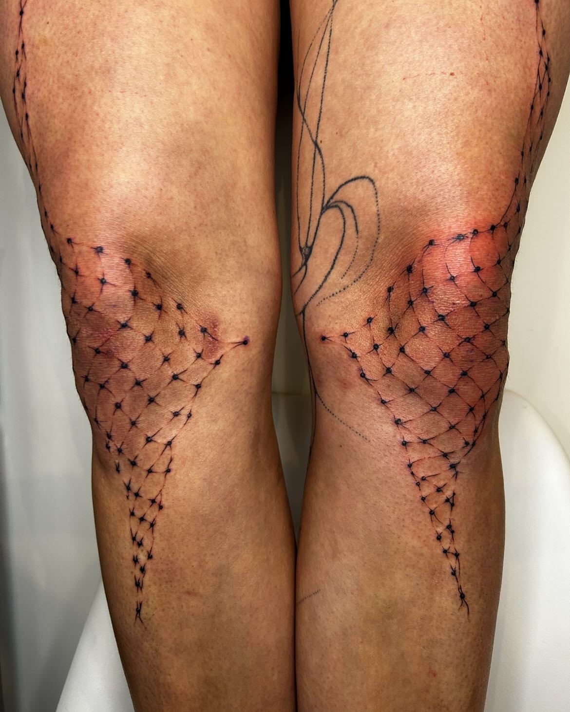 Abstract network dotwork tattoo on the leg by Jadin Nichols