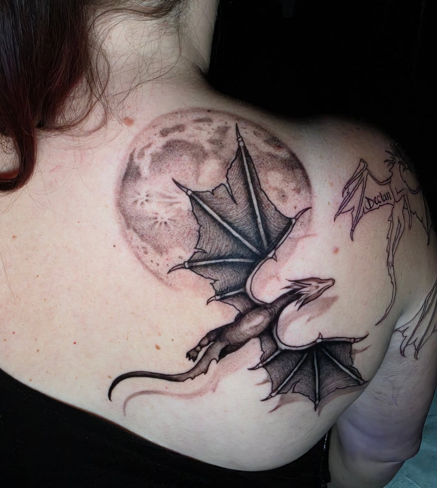 Dragon realism tattoo on the shoulder by Kelsey Lorrae, Ankeny, Iowa