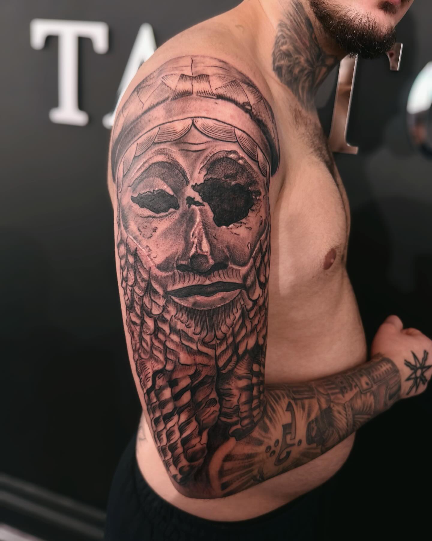 Ancient mask realism tattoo on the shoulder by ☆ LULU ☆ Licence No. 108595