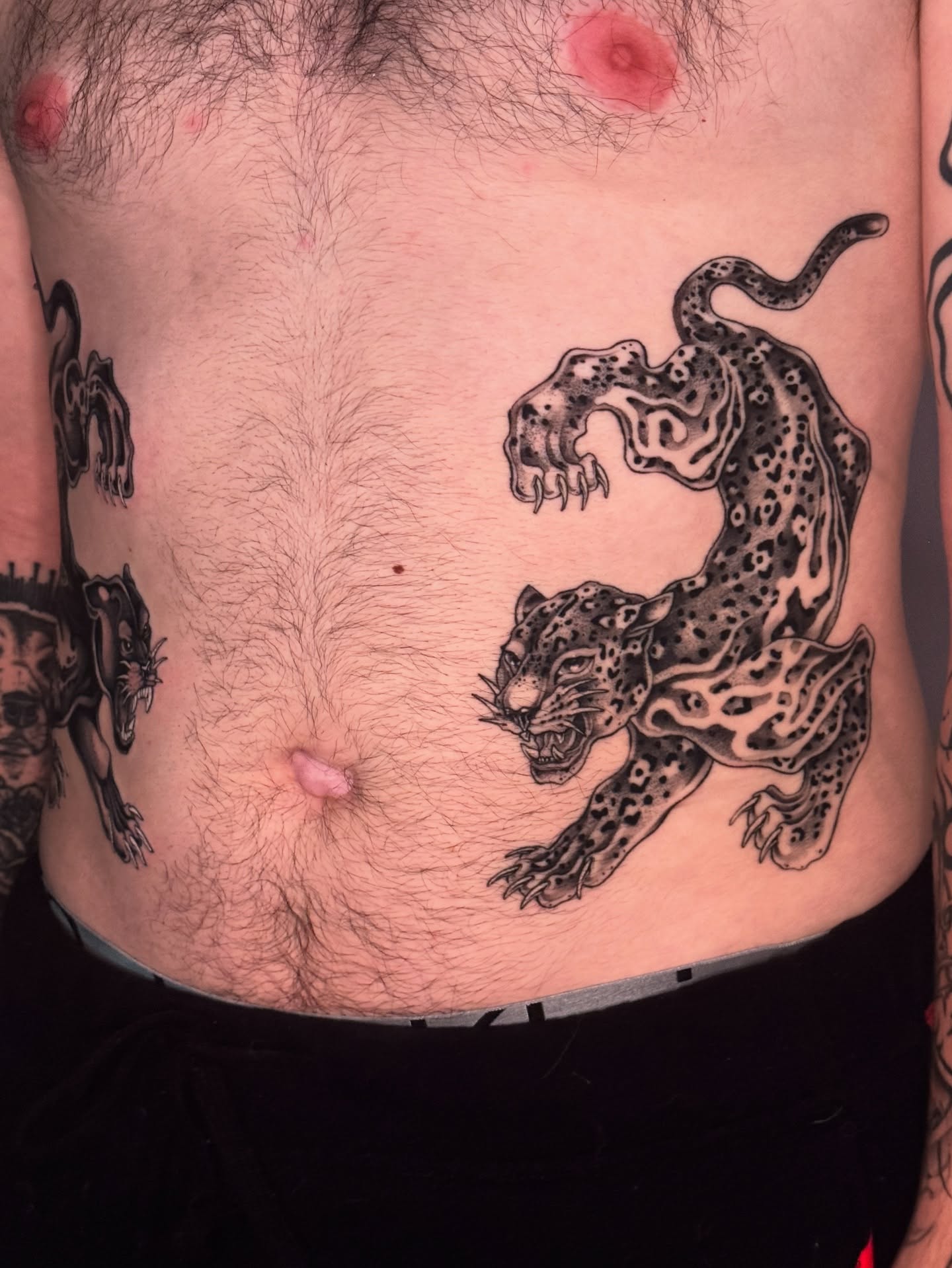 Jaguars black and grey tattoo on the ribs by ella