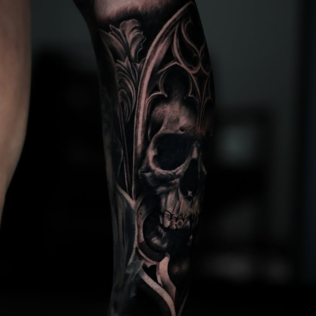 Skull and gothic architecture dark art tattoo on the forearm by Felipe Andrade