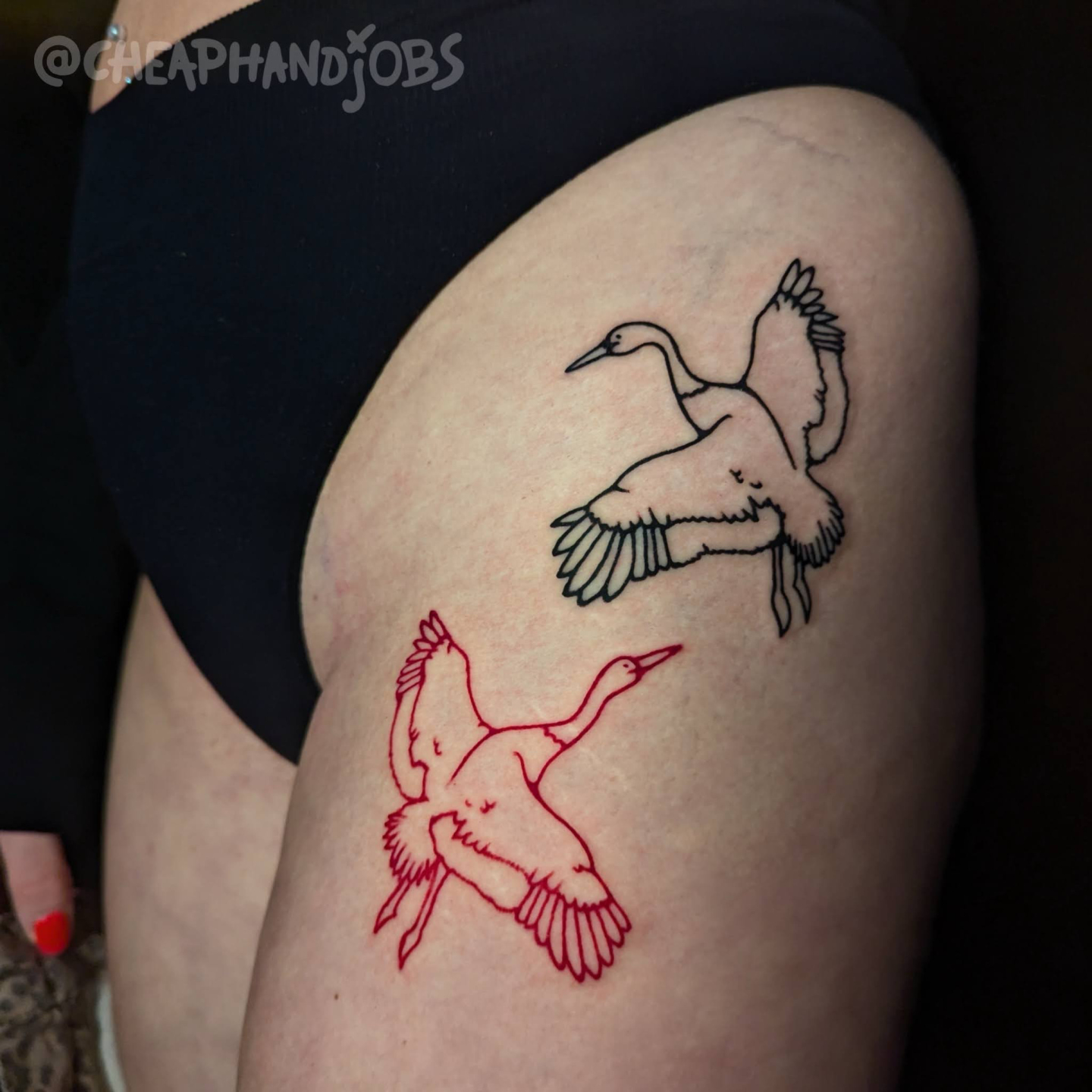Geese minimalist tattoo on the thigh by @cheaphandjobs, Leipzig, Germany