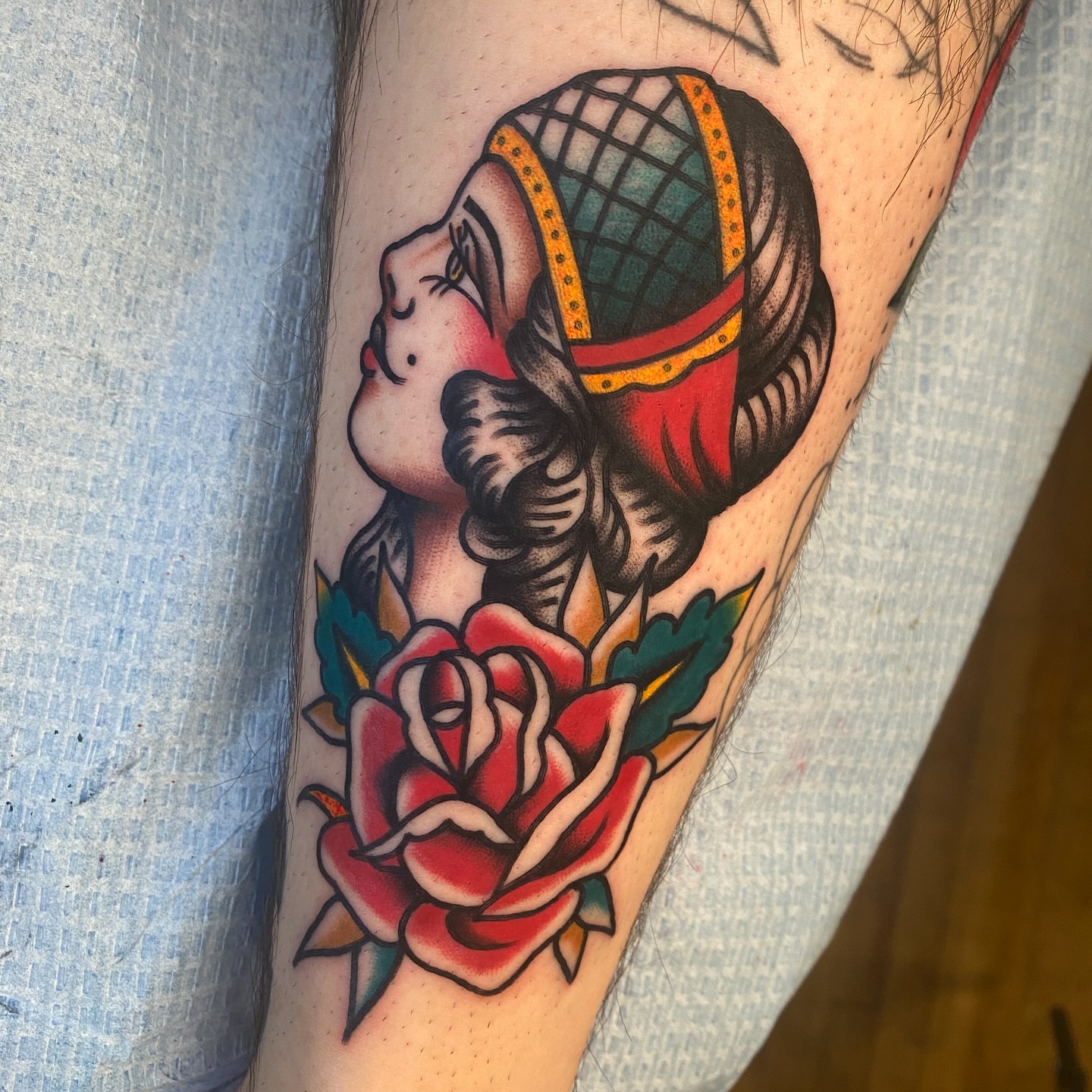 Woman with hat American traditional tattoo on the forearm by Marcos🇩🇴