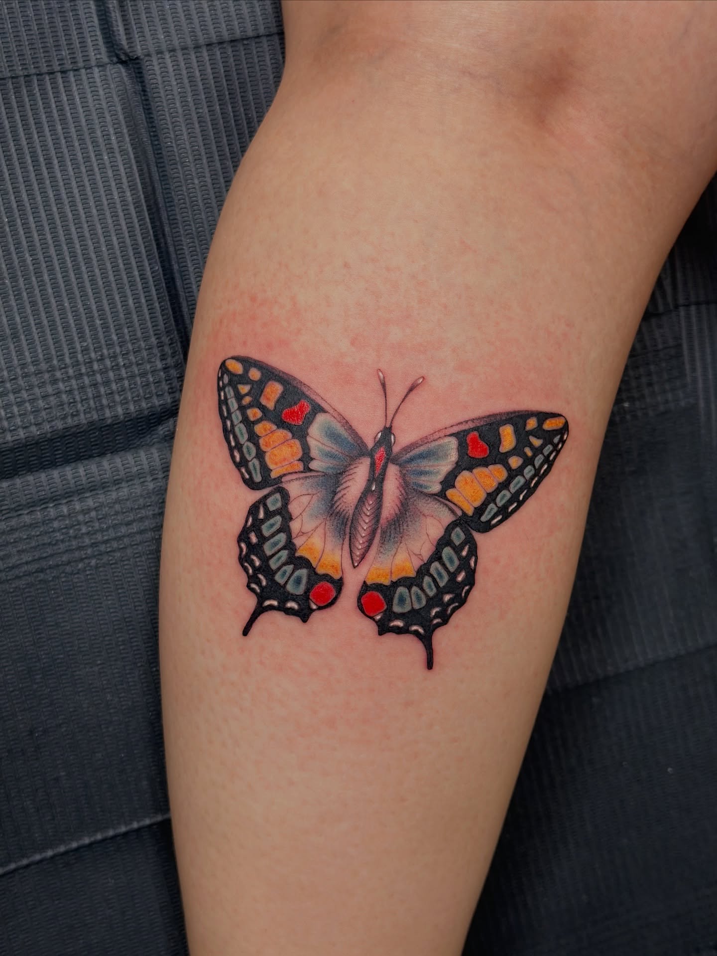 Butterfly realism tattoo on the forearm by Feliz Manzanedo, Prescott, Arizona