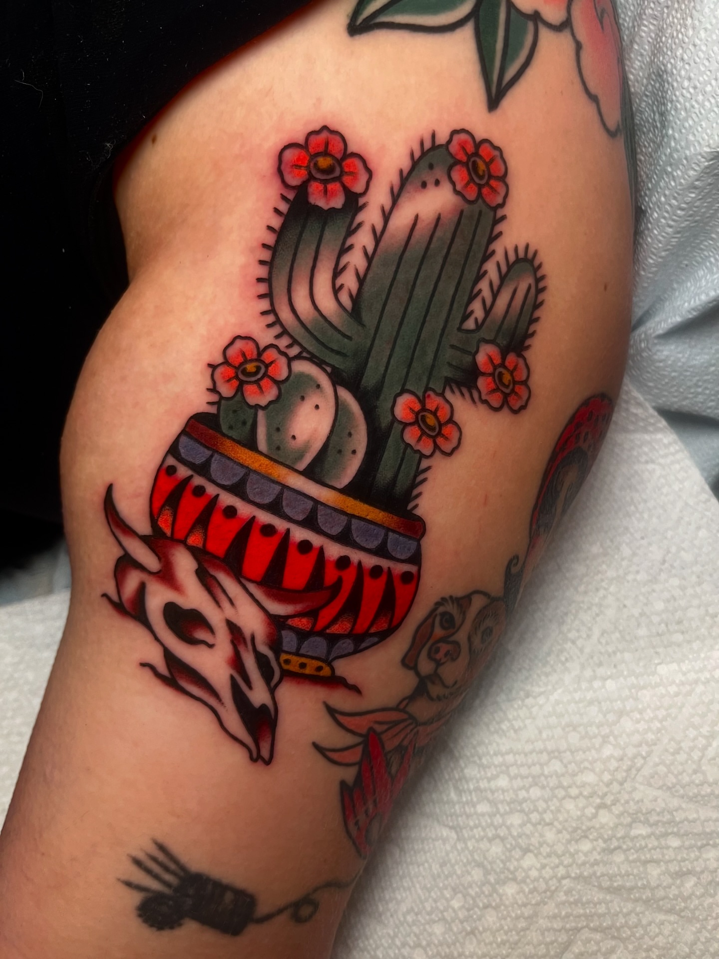 Cactus with flowers American traditional tattoo on the forearm by kate