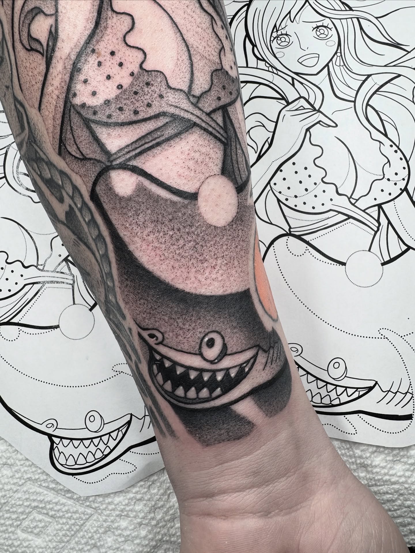 Shark dotwork tattoo on the forearm by Donnie Moore