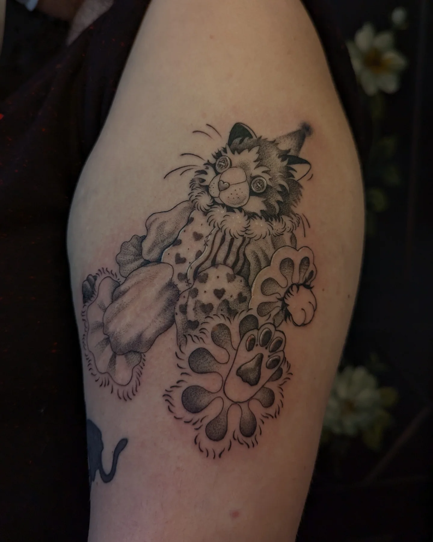 Cat black and grey tattoo on the thigh by Jeanine, Providence, Rhode Island