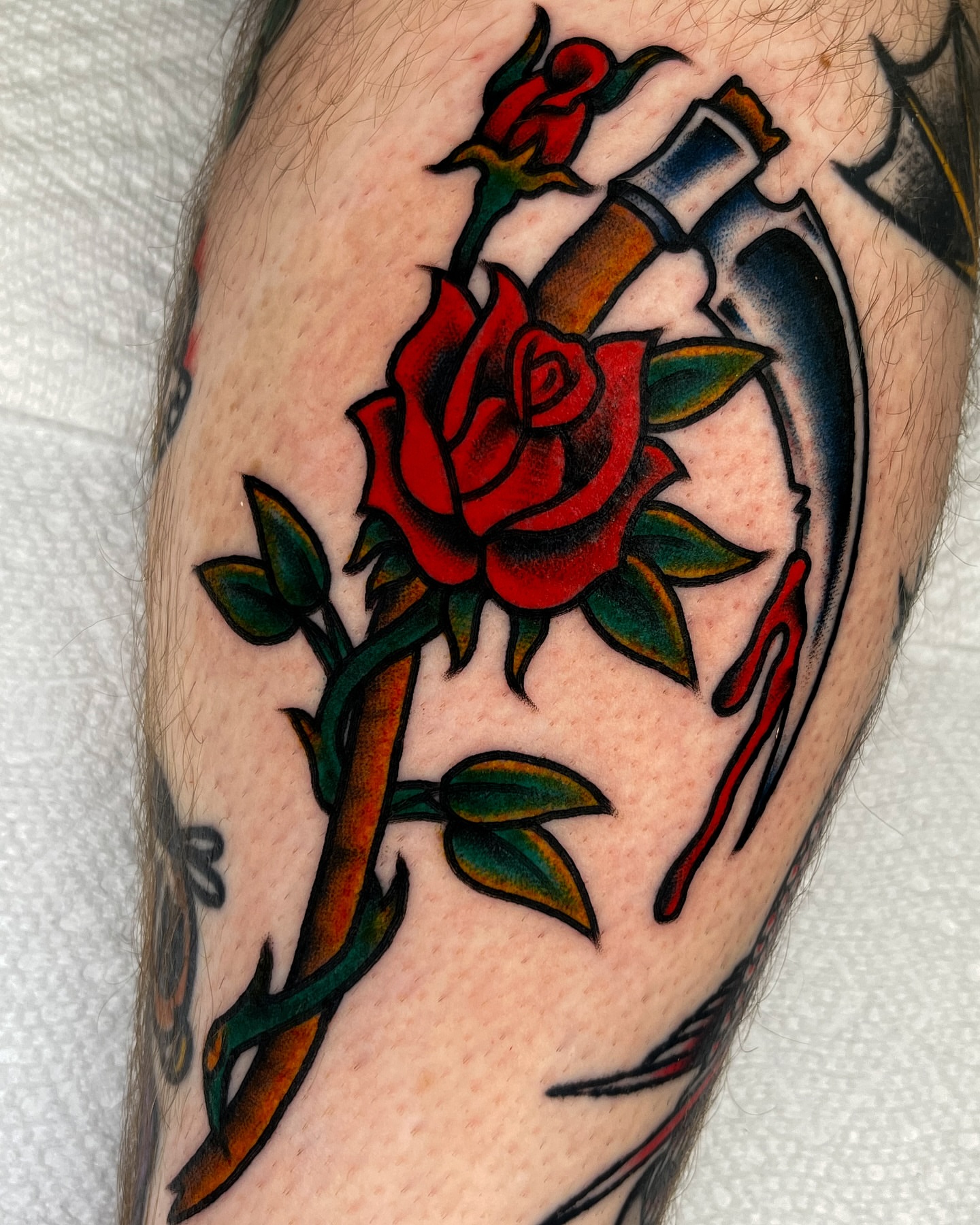 Rose and dagger American traditional tattoo on the forearm by ✨ Gabi ✨