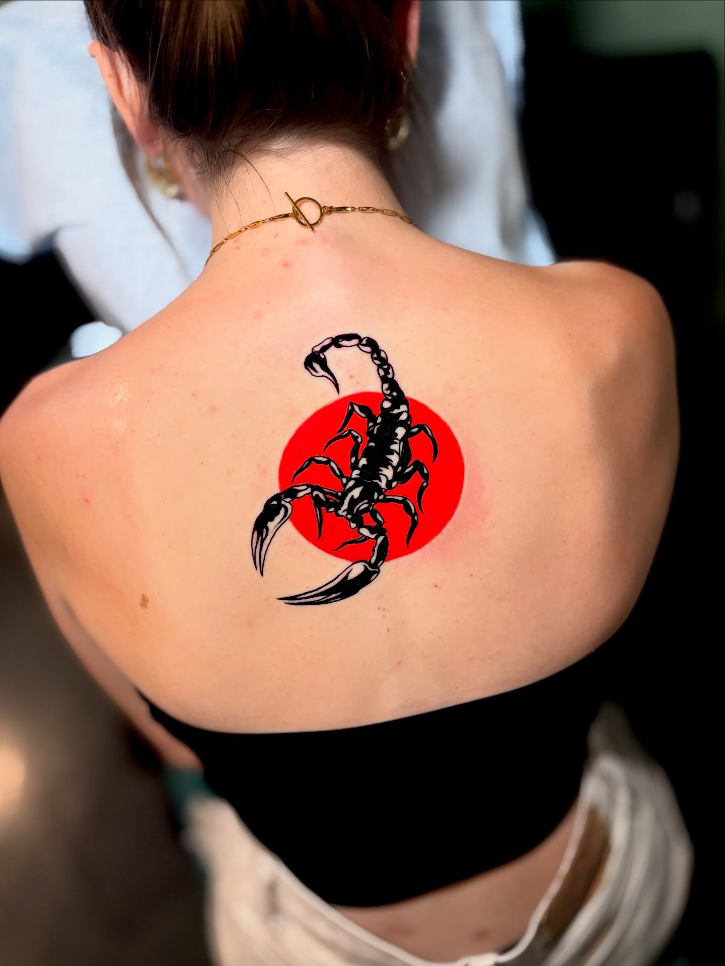 Scorpion American traditional tattoo on the back by Weston Imhoff