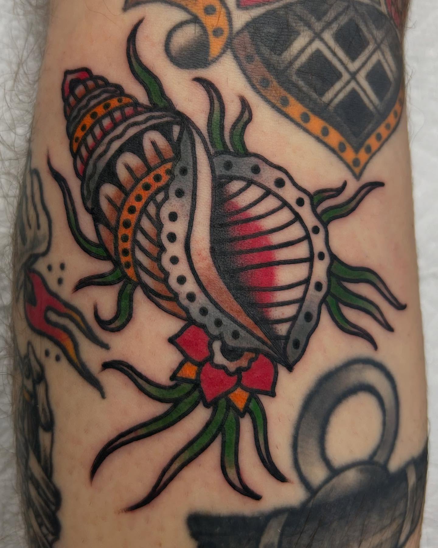 Seashell American traditional tattoo on the forearm by Tiffany Vargas