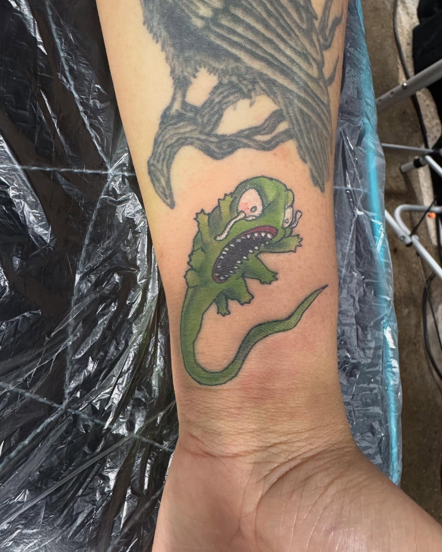 Chameleon new school tattoo on the forearm by Dizzy, Phillipsburg, New Jersey
