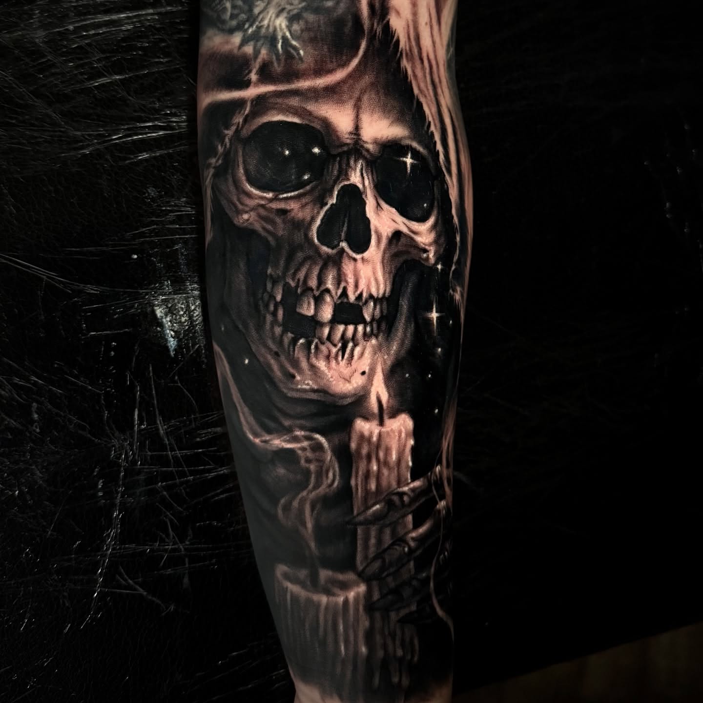 Skull holding candle realism tattoo on the forearm by Matt Vaught π Dark Surrealism