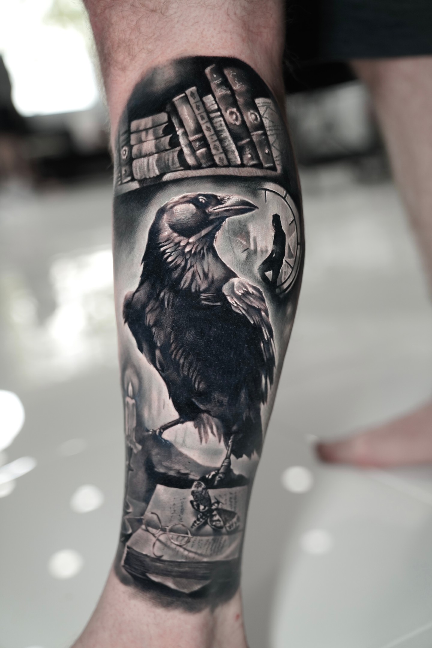 Crow realism tattoo on the forearm by Angel Perez