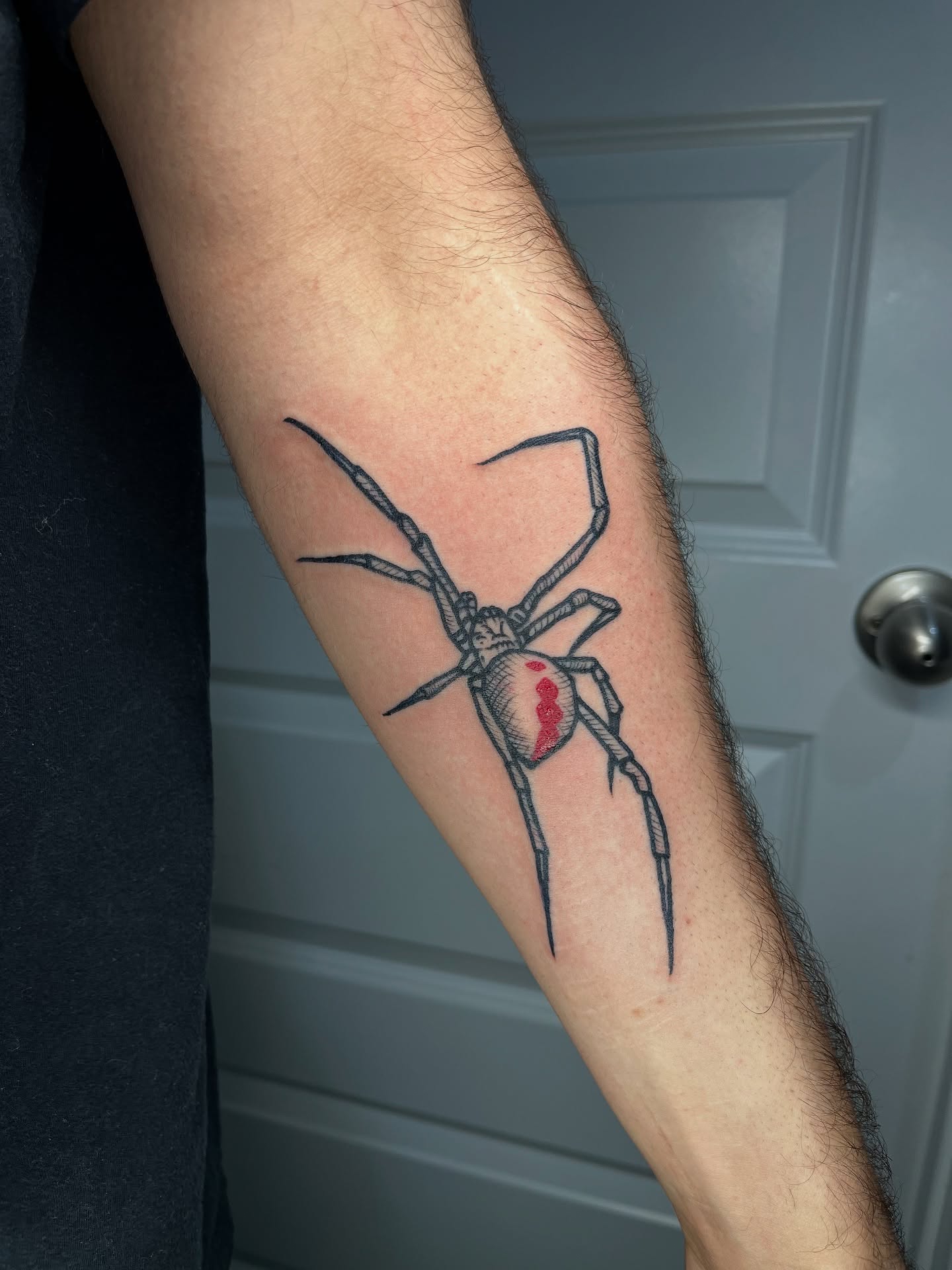 Spider realism tattoo on the forearm by layne