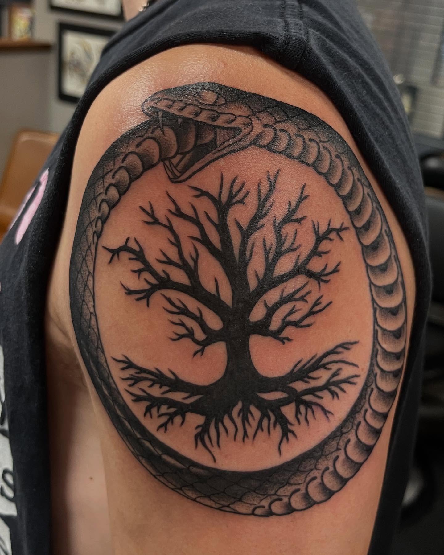 Tree of life with snake black and grey tattoo on the shoulder by Allie Tippets, Gilbert, Arizona