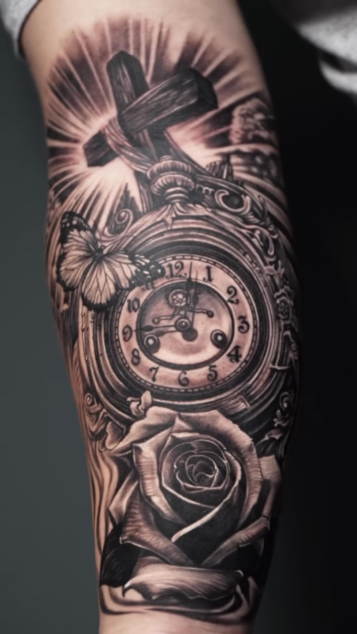 Clock, roses, and cross realism tattoo by Duniel Garcia