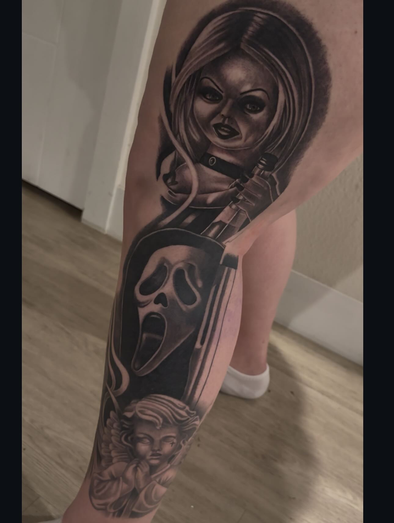 Horror characters realism tattoo on the forearm by Bree Quirino