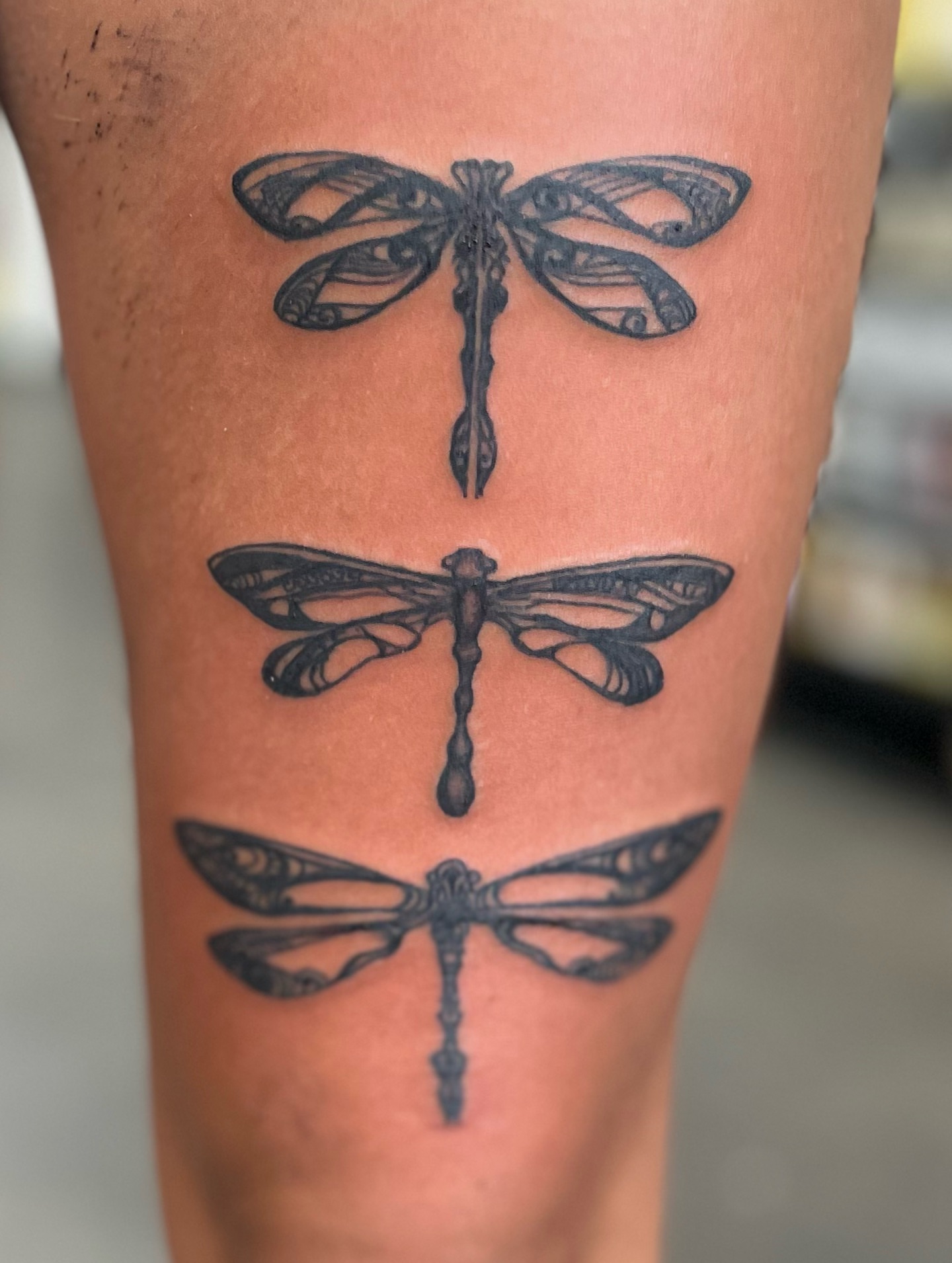 Dragonfly black and grey tattoo on the leg by Ashley Camp