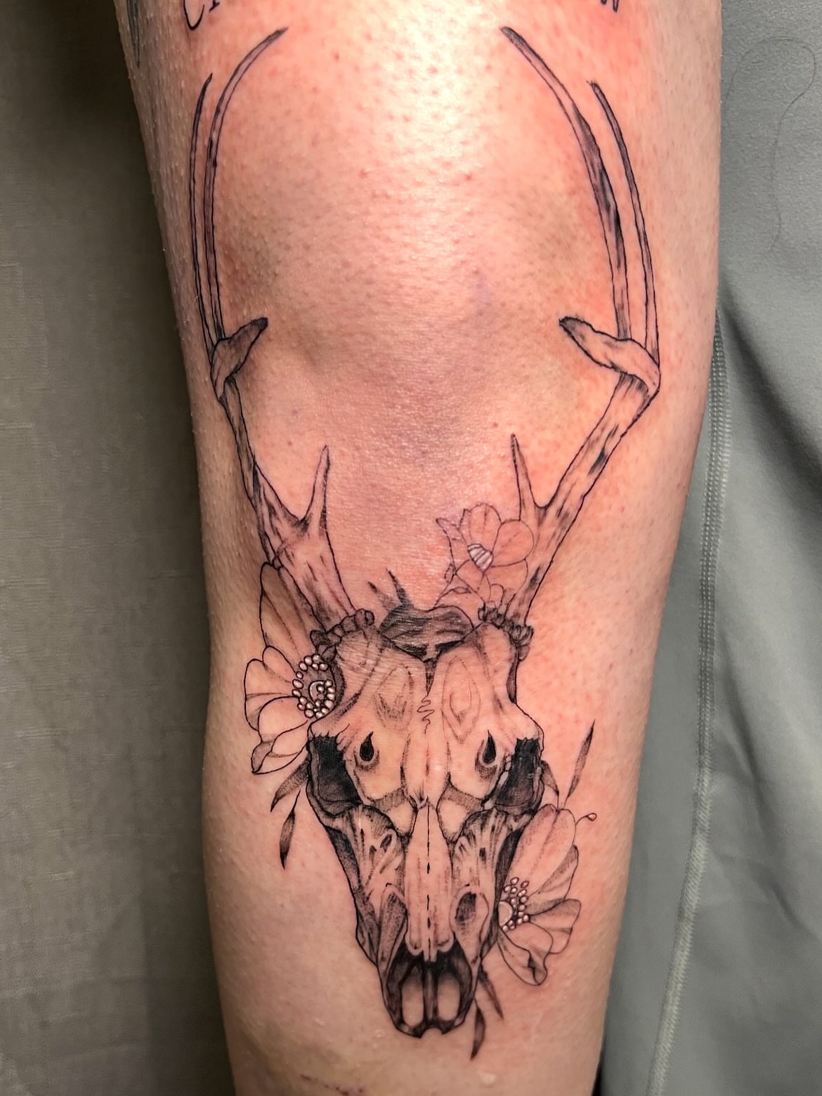 Deer skull with flowers realism tattoo on the forearm by Deville Pinson