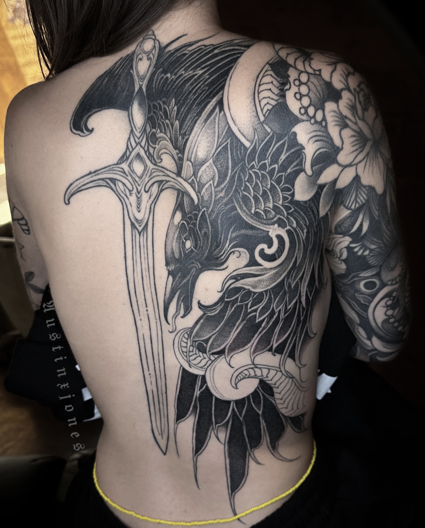 Phoenix and sword geometric tattoo on the back by 👻✦ 🅐🅤🅢🅣🅘🅝🅧🅙🅞🅝🅔🅢 ✦👻