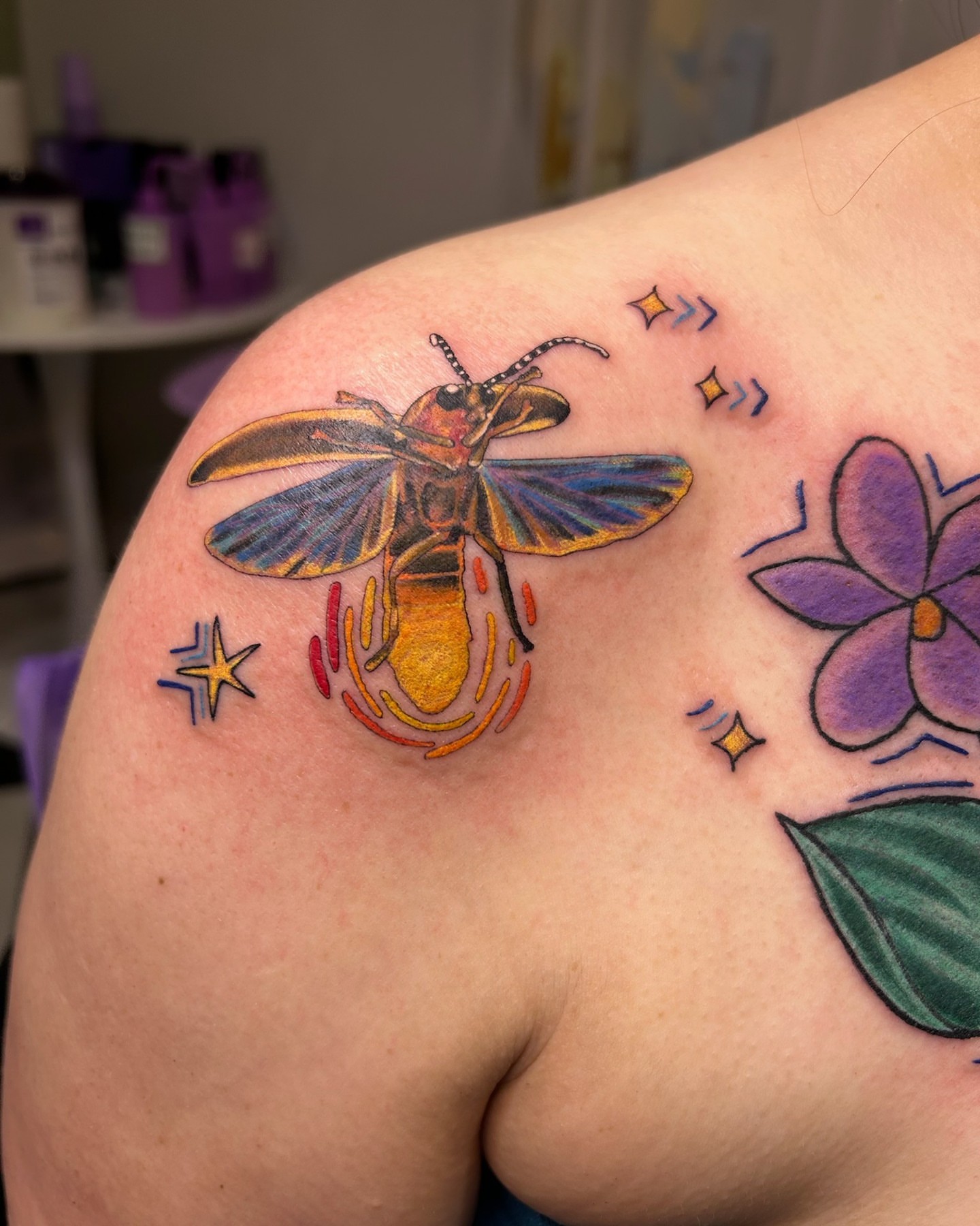 Firefly American traditional tattoo on the shoulder by Matt Williamson