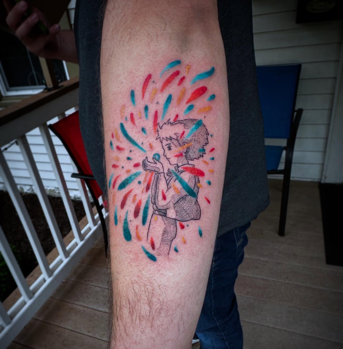 Child with microphone watercolor tattoo on the forearm by manda, Lebanon, Ohio