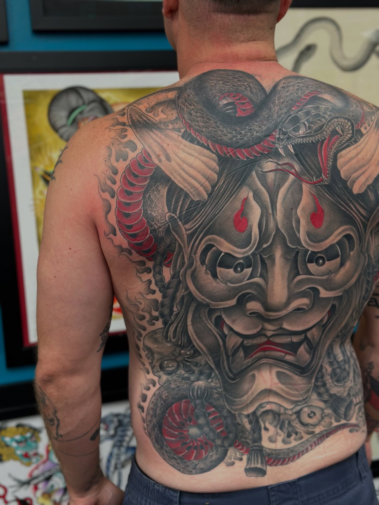 Demon mask japanese irezumi tattoo on the back by Stevie O'Dell