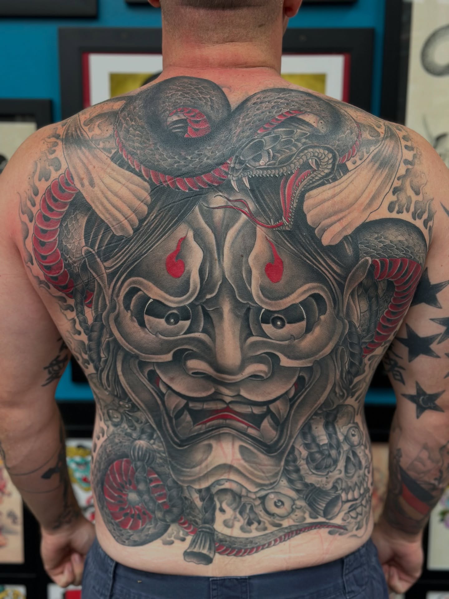 Demon mask japanese irezumi tattoo on the back by Stevie O'Dell