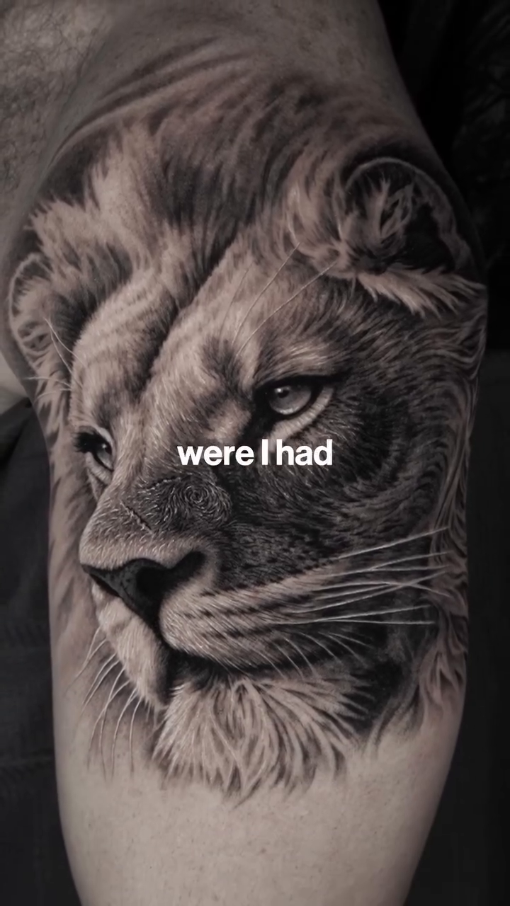 Lion portrait realism tattoo by Jesus Alonso
