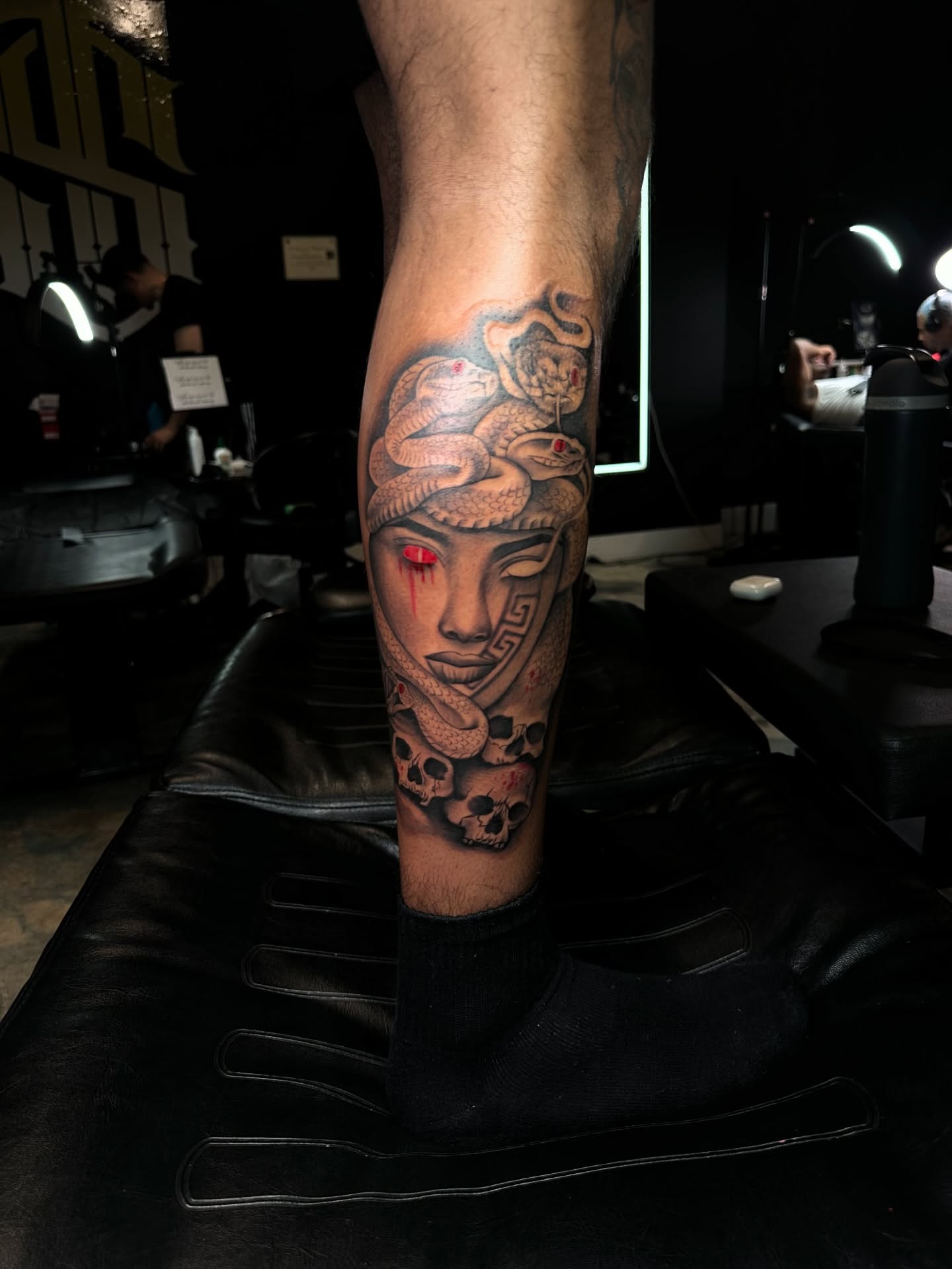 Medusa realism tattoo on the calf by Jay Daartist