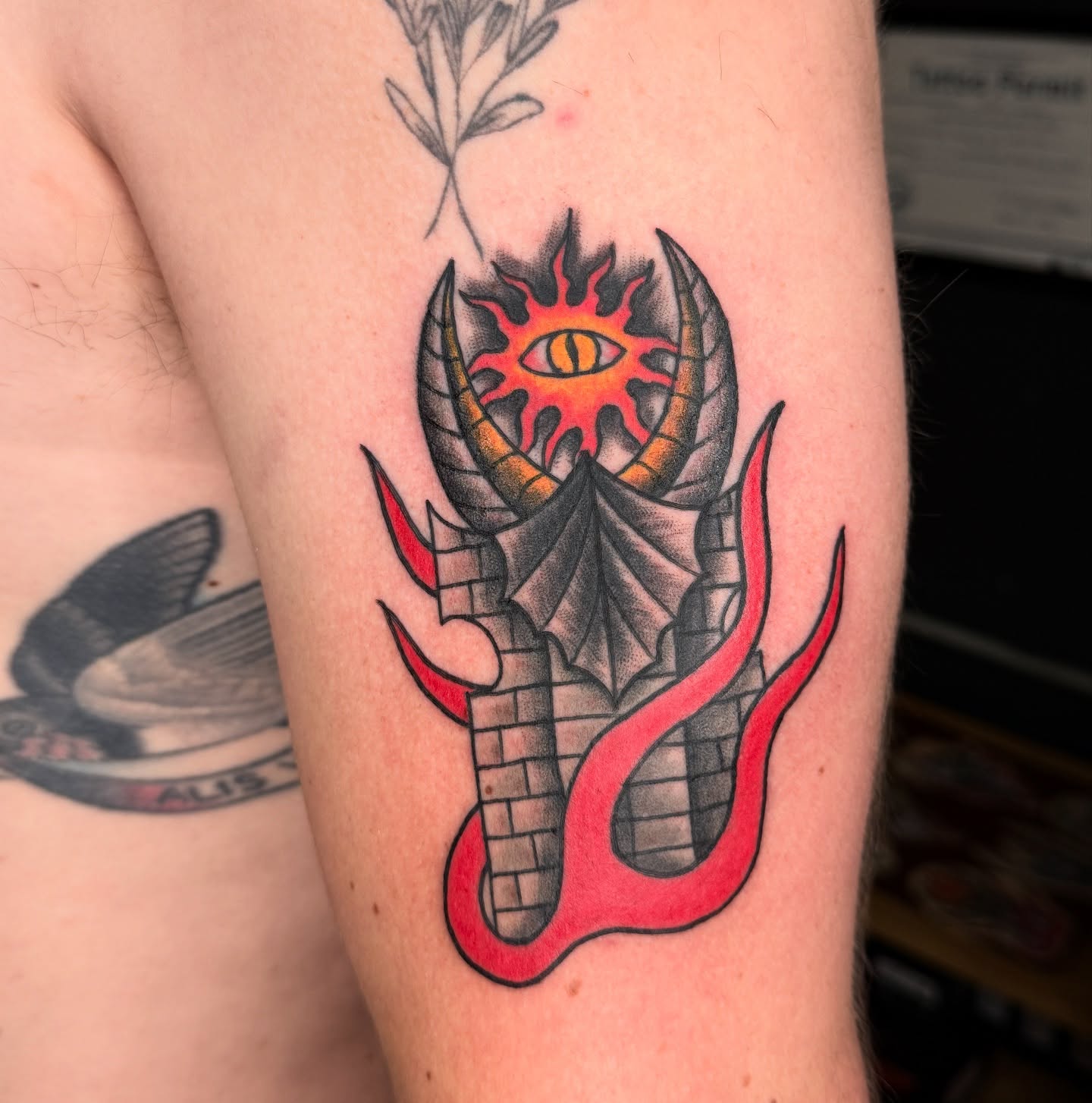 Demon head American traditional tattoo on the forearm by Andre Guerra