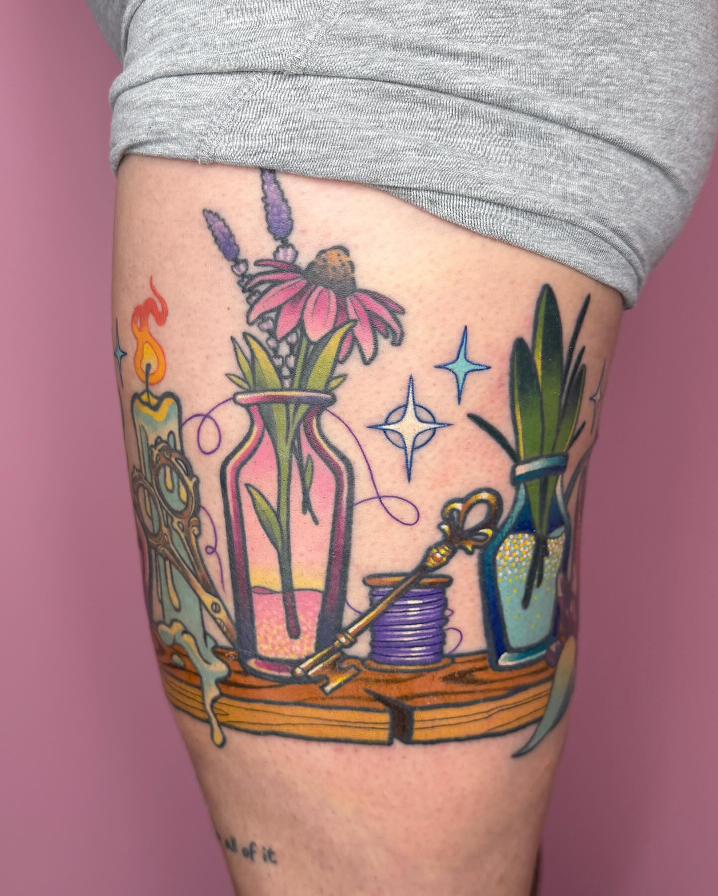 Botanical still life new school tattoo on the thigh by Janine Ramos